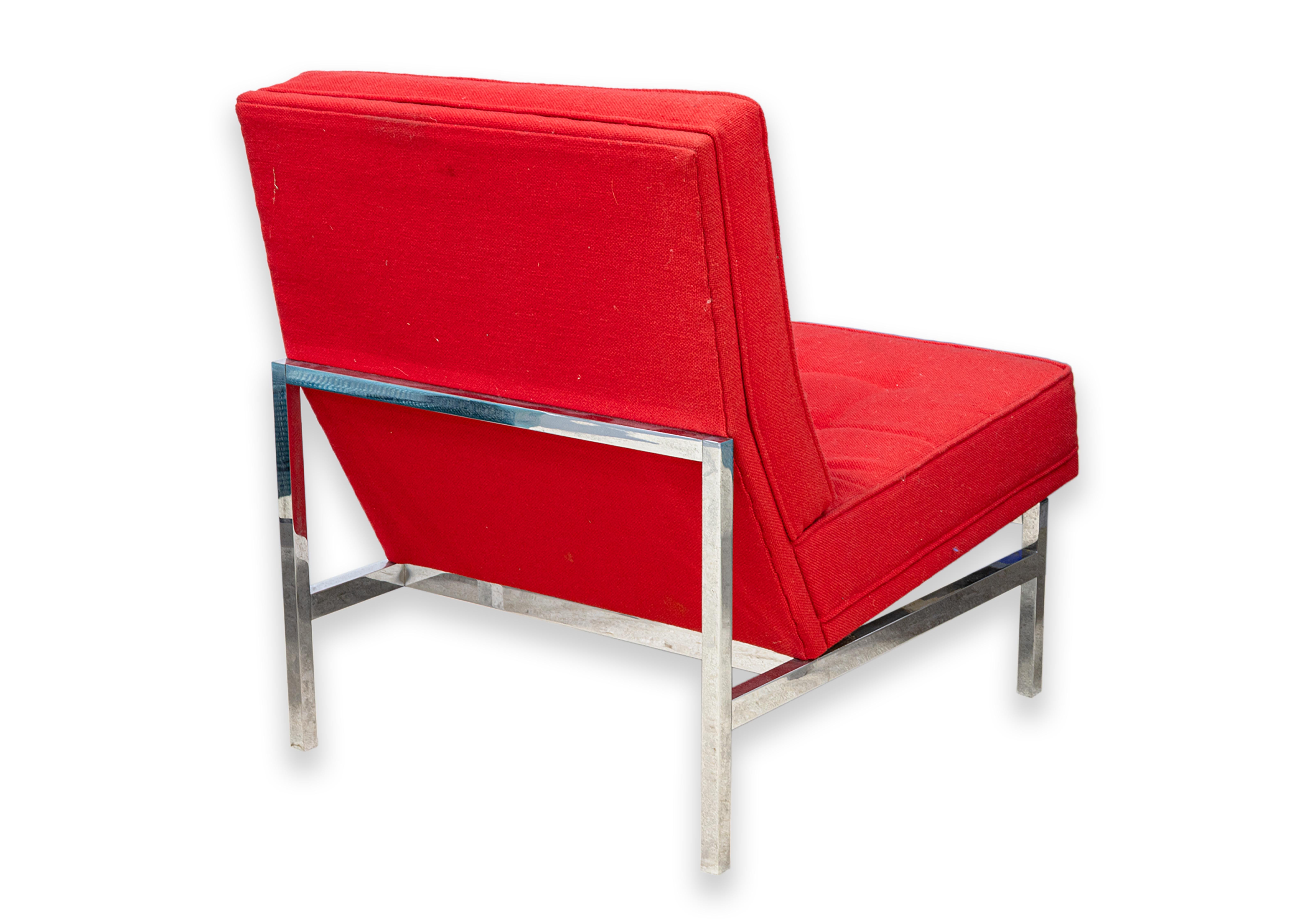 American Florence Knoll Mid Century Modern Red Fabric Parallel Bar Accent Lounge Chair