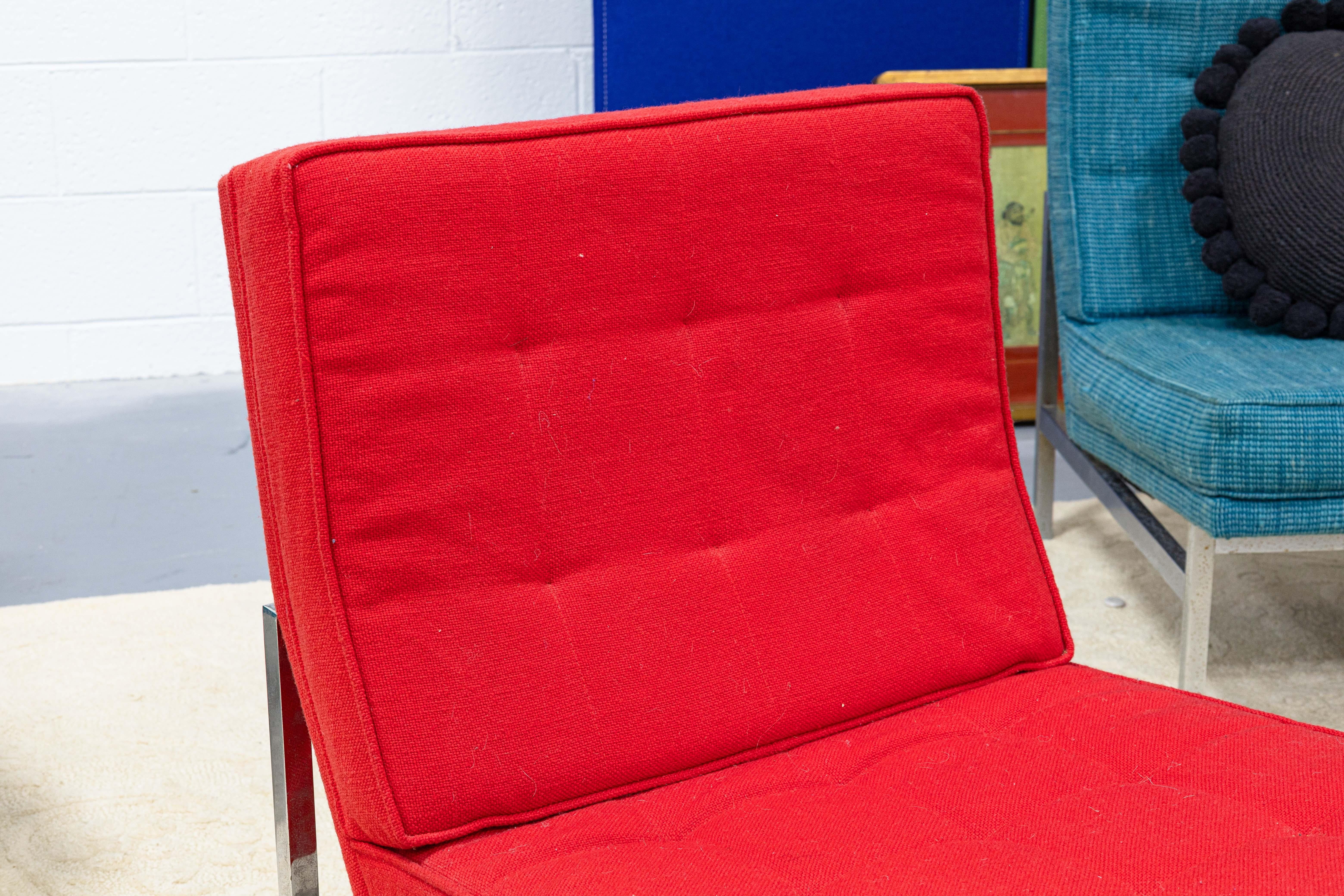 20th Century Florence Knoll Mid Century Modern Red Fabric Parallel Bar Accent Lounge Chair