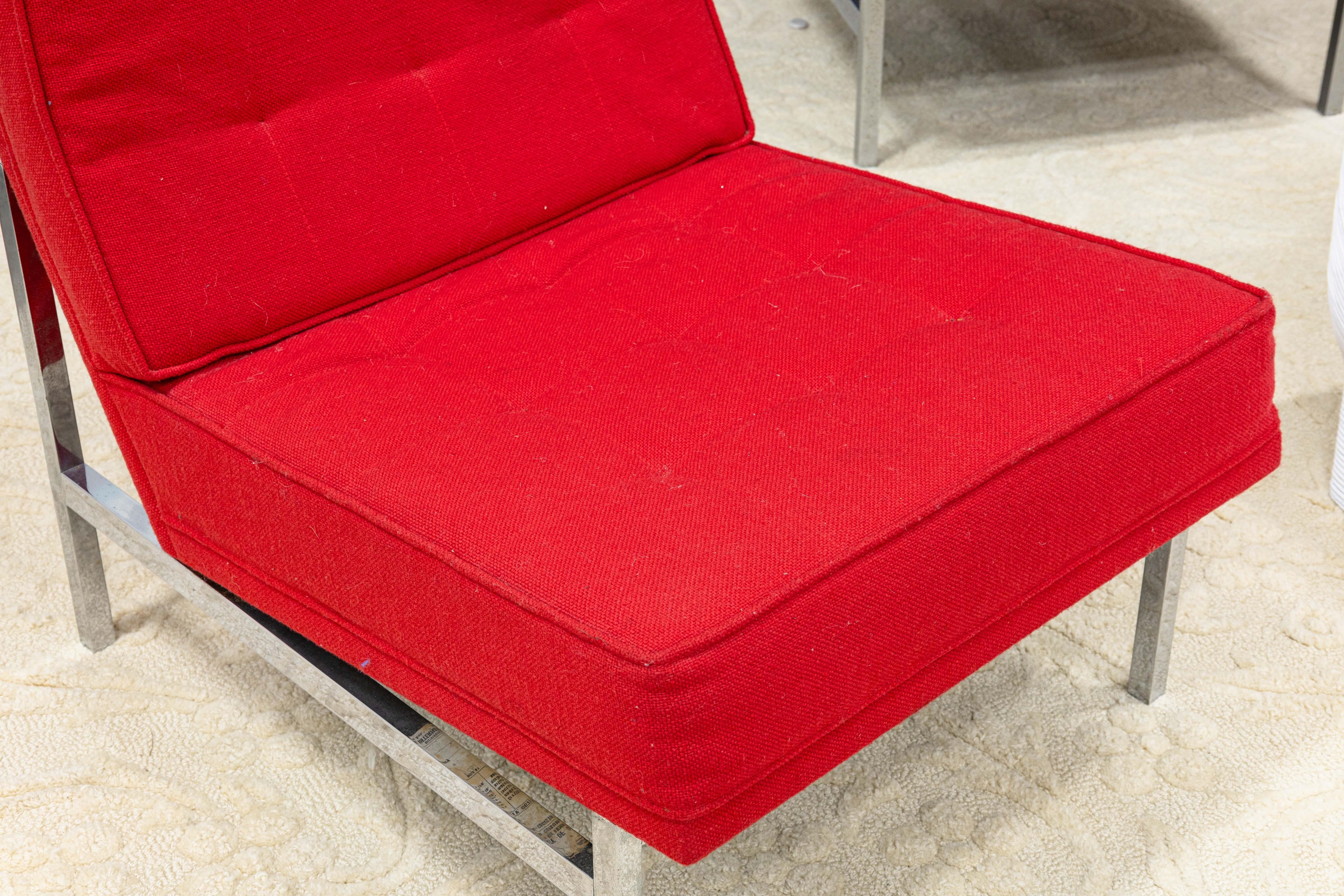 Florence Knoll Mid Century Modern Red Fabric Parallel Bar Accent Lounge Chair 1