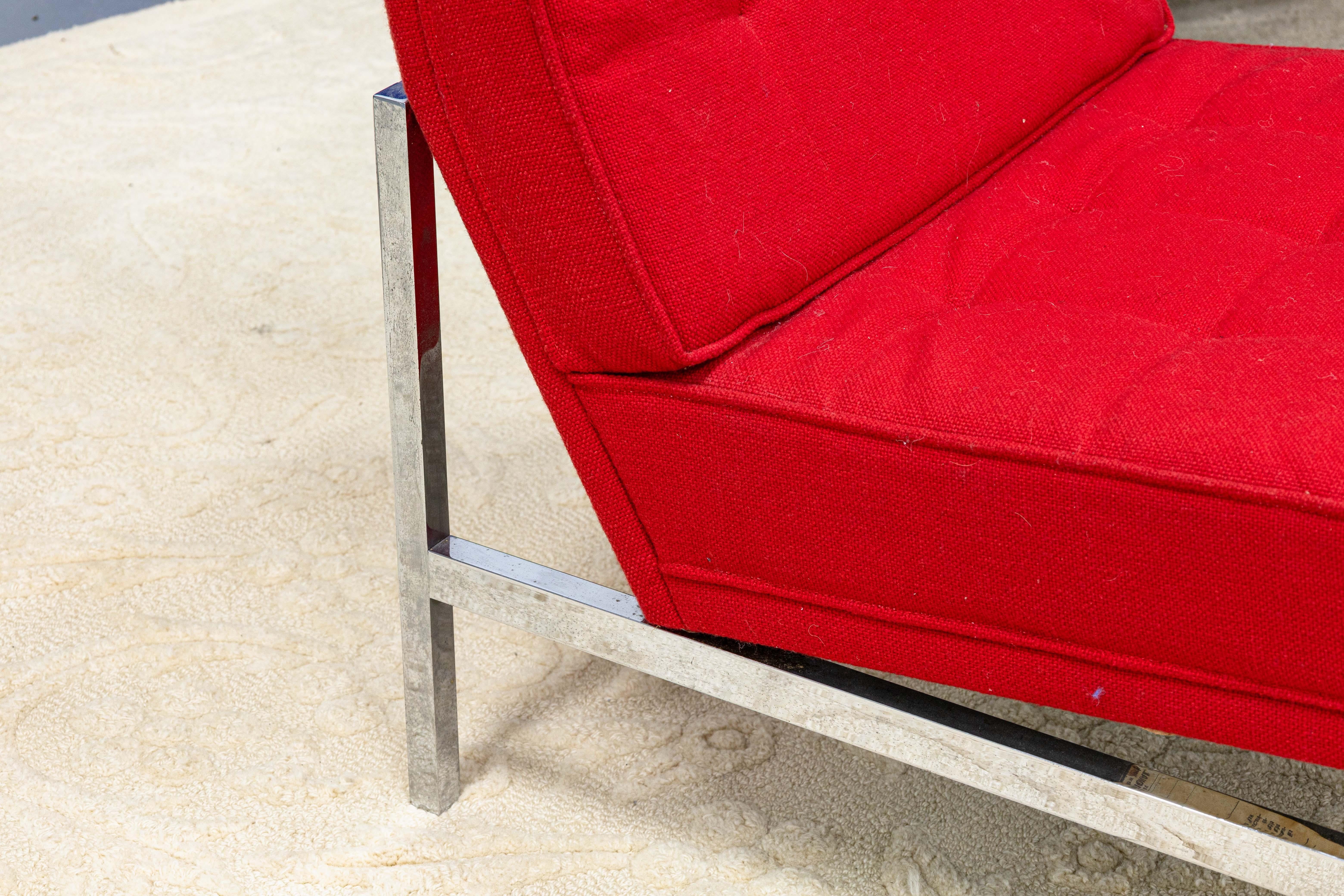 Florence Knoll Mid Century Modern Red Fabric Parallel Bar Accent Lounge Chair 2