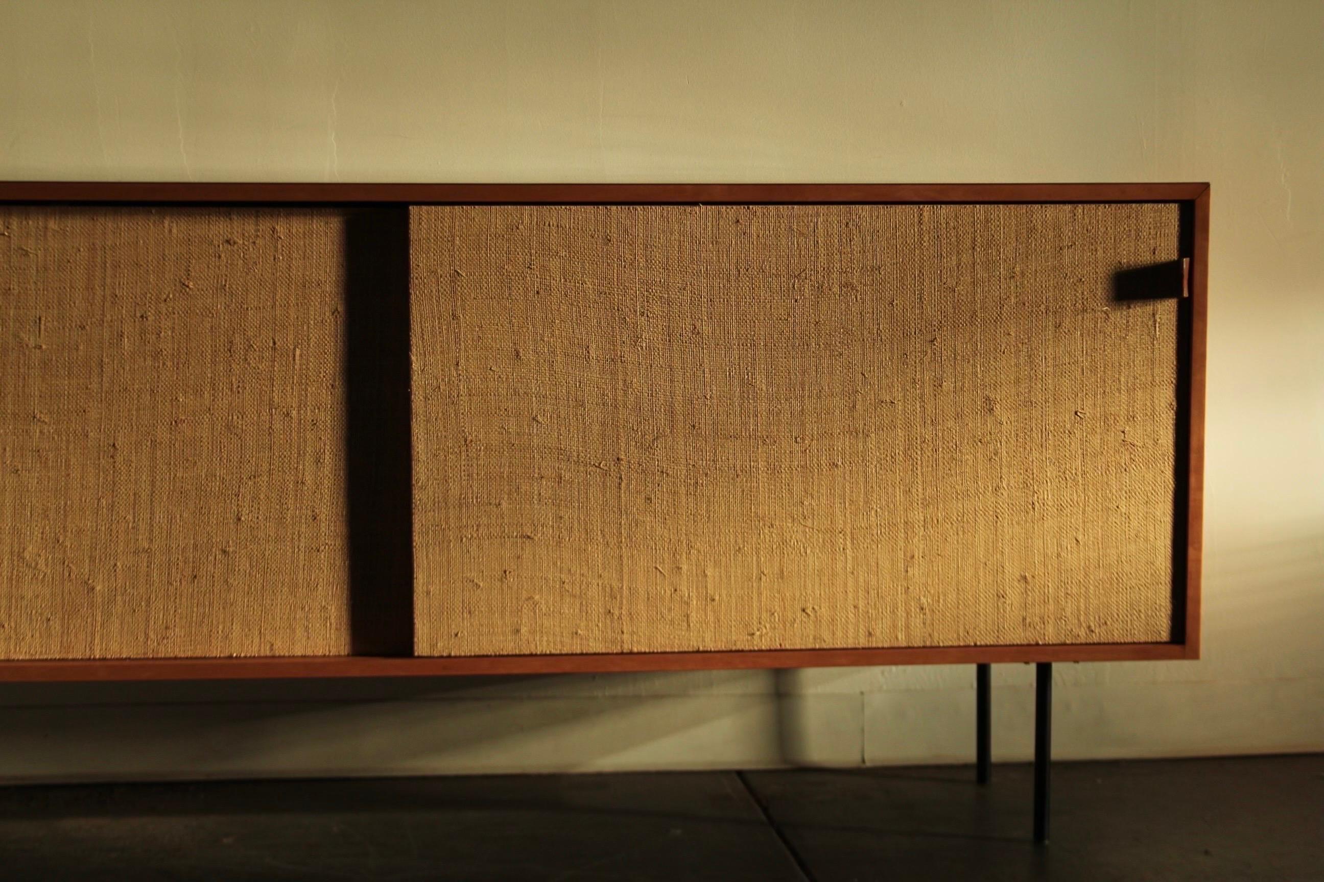 American Florence Knoll 'Model 116' Iron Leg and Grass Cloth Credenza for Knoll, 1950s For Sale