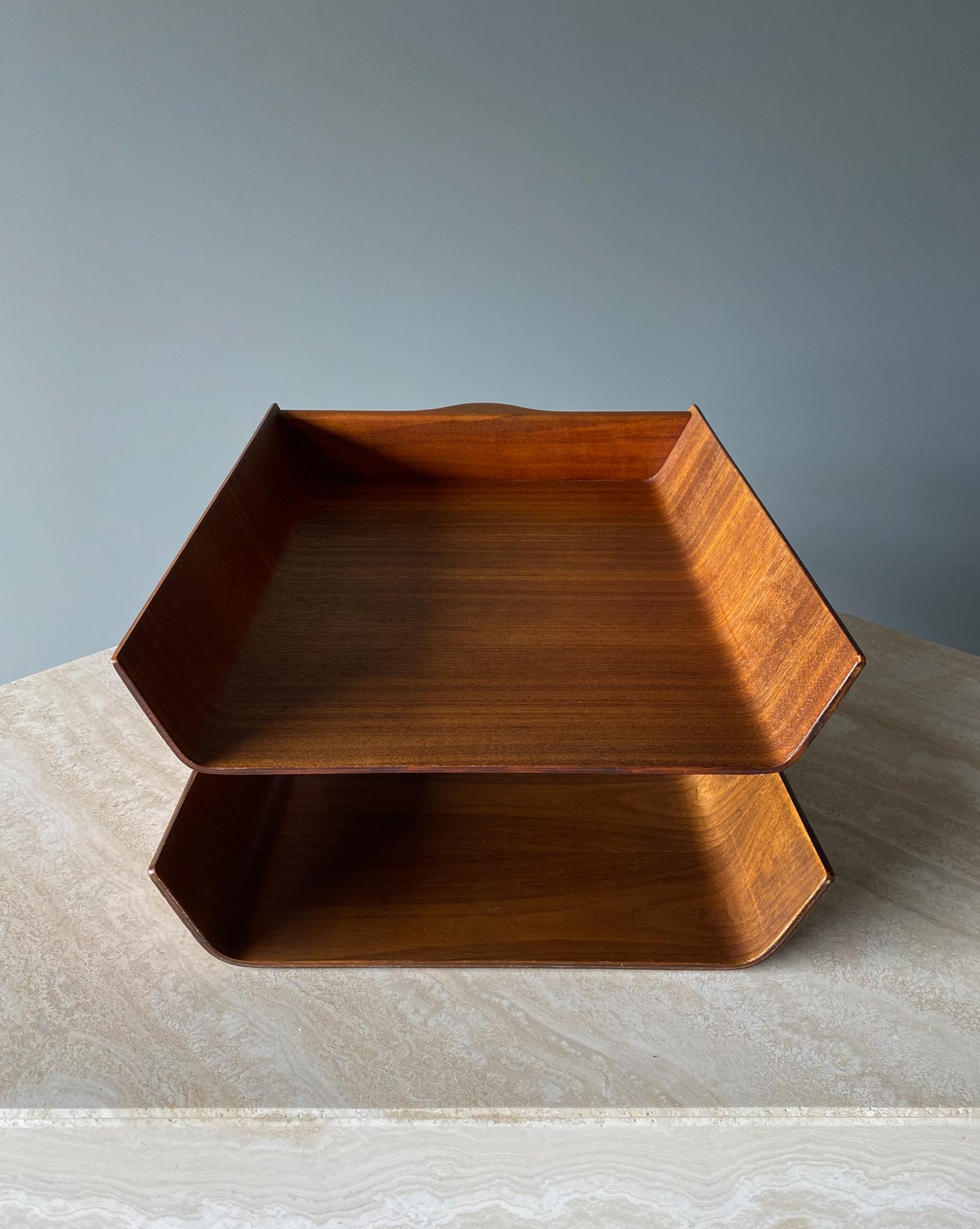 Florence Knoll molded plywood architectural letter tray, 1960s. This piece retains its original label to the bottom letter tray.