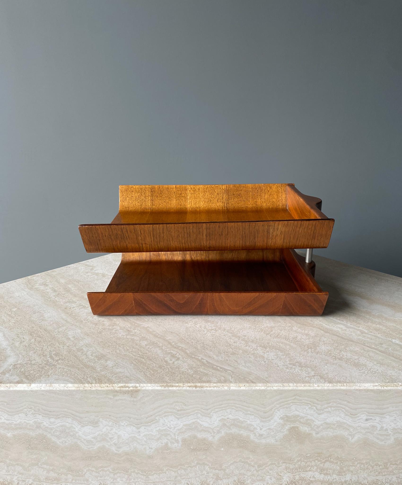 Florence Knoll molded plywood architectural letter tray, 1960s. This piece retains its original label to the bottom letter tray.