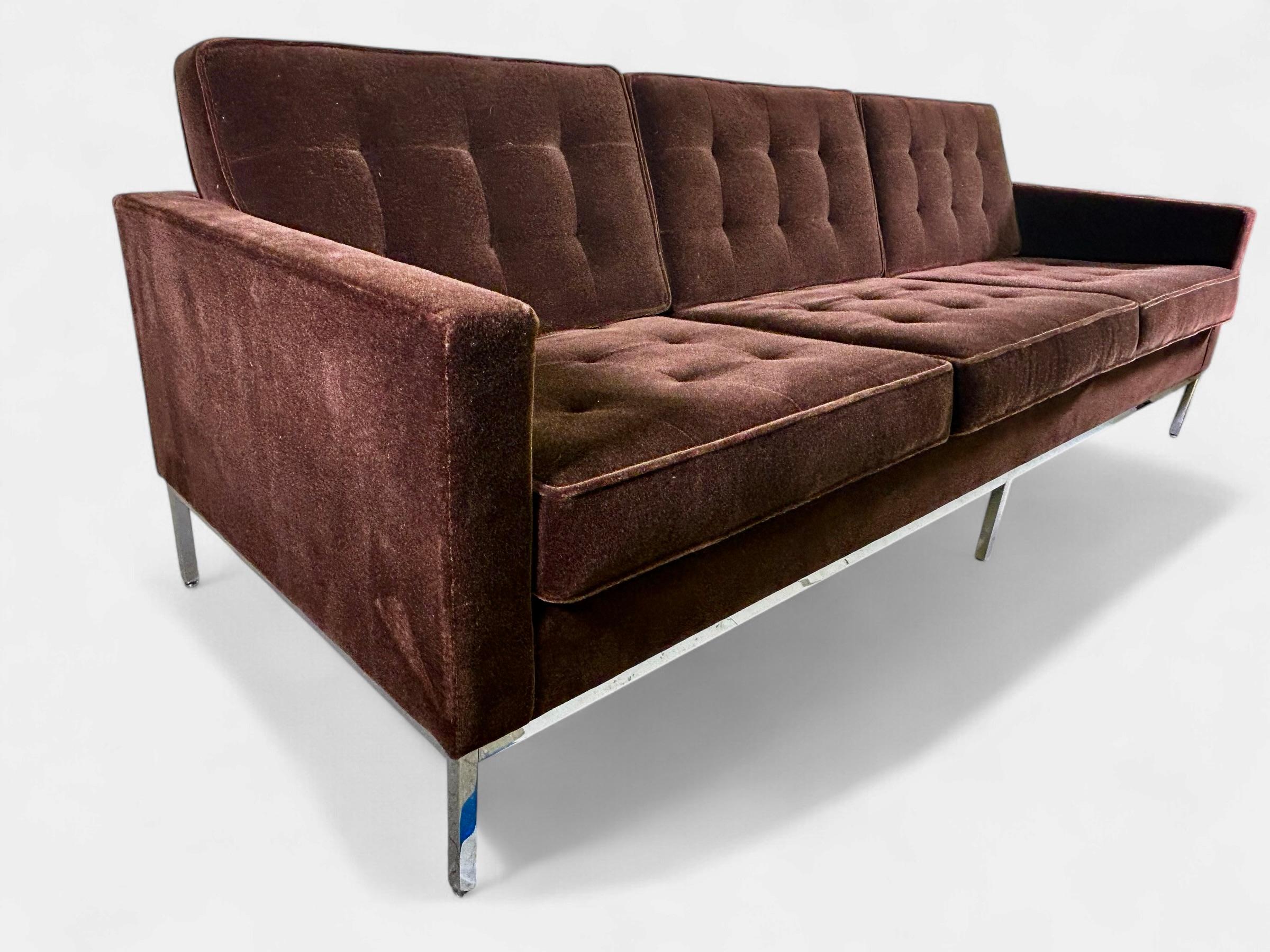 Florence Knoll 1960's Original Brown Mohair with Chrome Legs Vintage Sofa For Sale 1