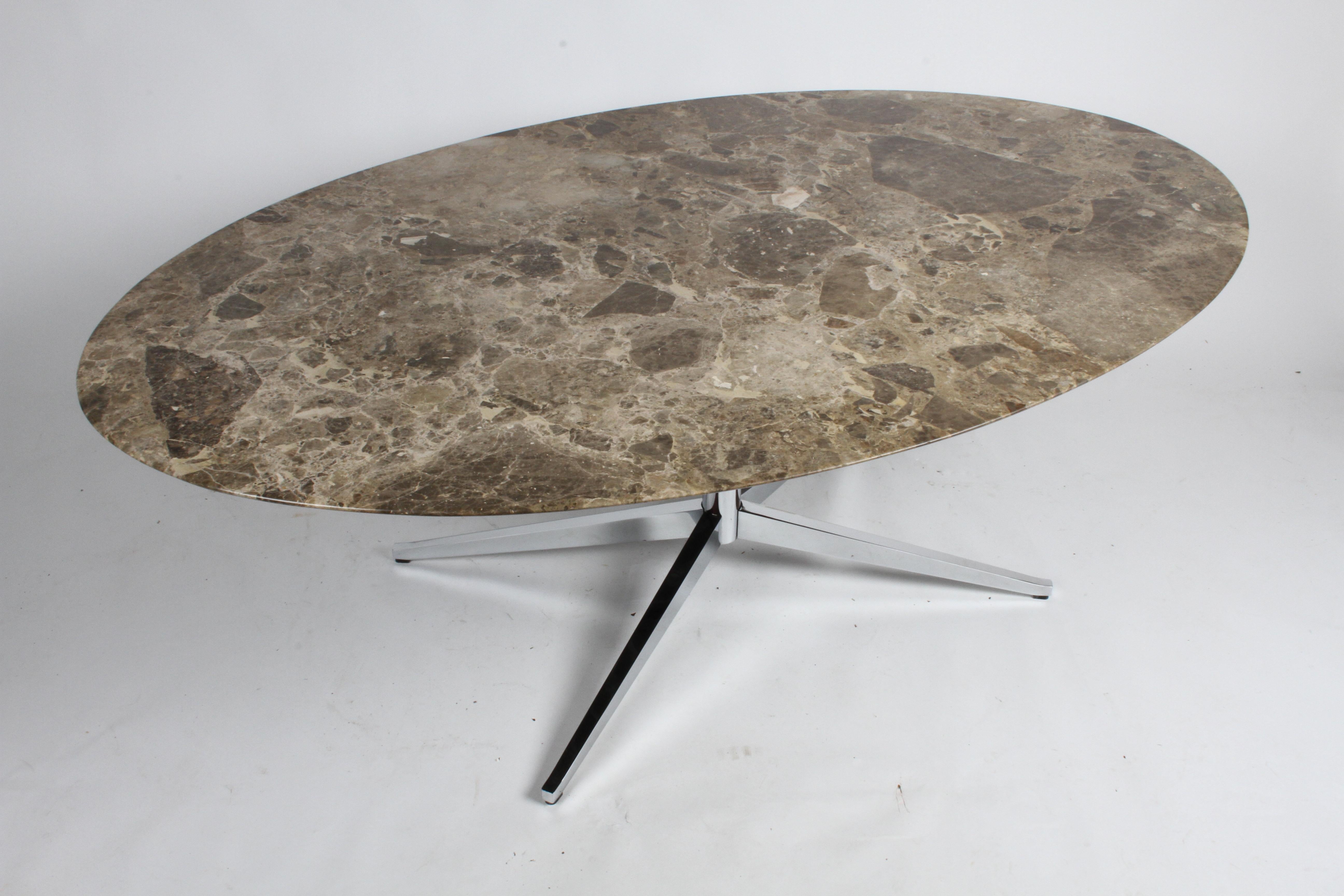 Florence Knoll Oval Emperador Marble Top Dining Table, Conference Table or Desk In Good Condition In St. Louis, MO