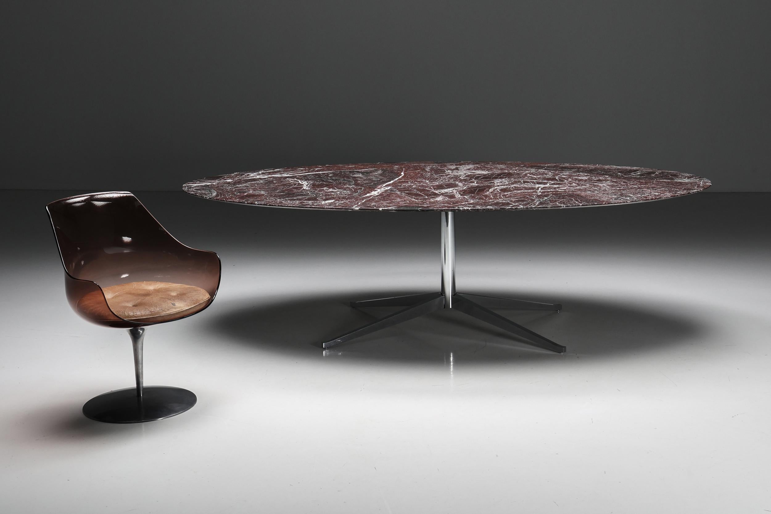 Steel Florence Knoll Oval Burgundy Marble Dining Table, 1960s