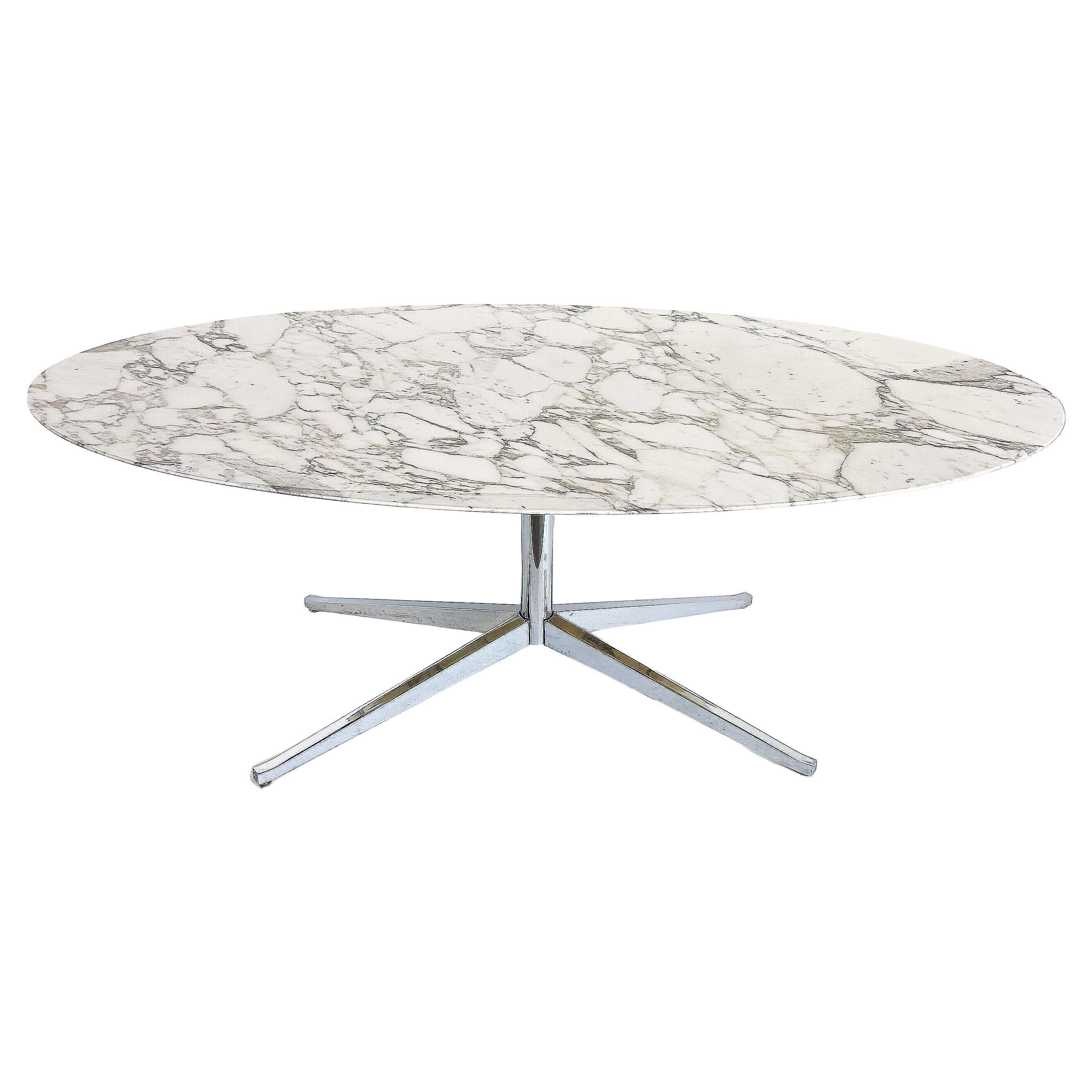Florence Knoll Oval Carrara Marble Dining Table, Signed Stainless Steel Base