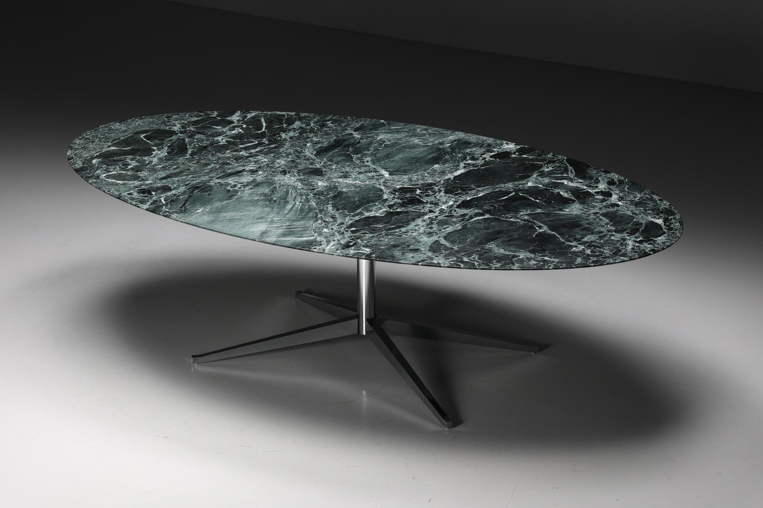 Florence Knoll; oval; green; marble; dining table; 1960; 1960s Design; Dining Area; Dining Room; United States; Knoll Design;

An exceptional oval green marble dining table, designed by Florence Knoll and manufactured in the United States by Knoll