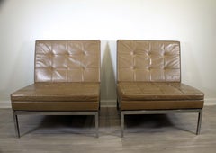 Florence Knoll Pair of Parallel Bar Slipper Chairs with Taupe Tufted Leather