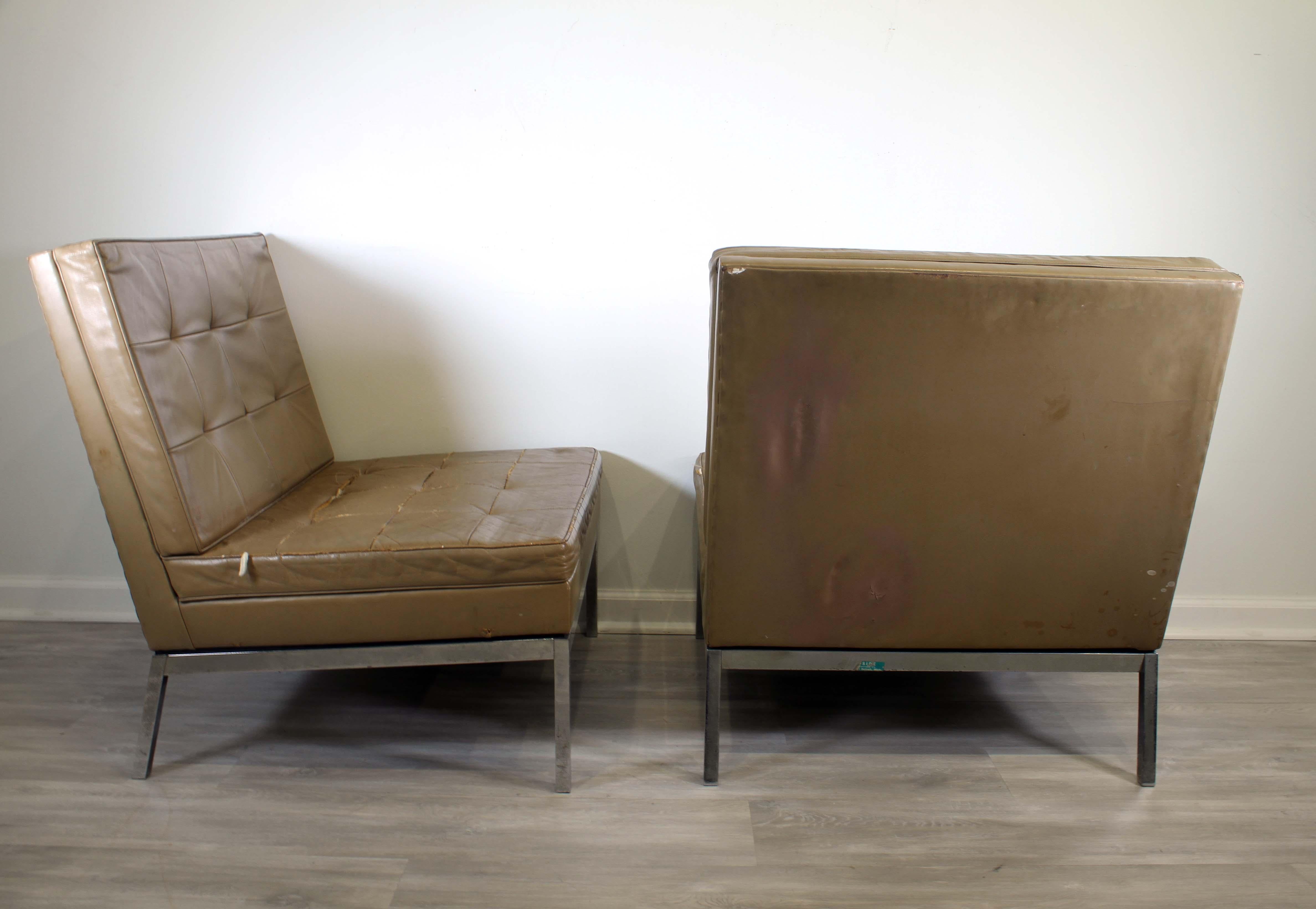 Mid-Century Modern Florence Knoll Pair of Parallel Bar Slipper Chairs with Taupe Tufted Leather