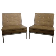 Florence Knoll Pair of Parallel Bar Slipper Chairs with Taupe Tufted Leather