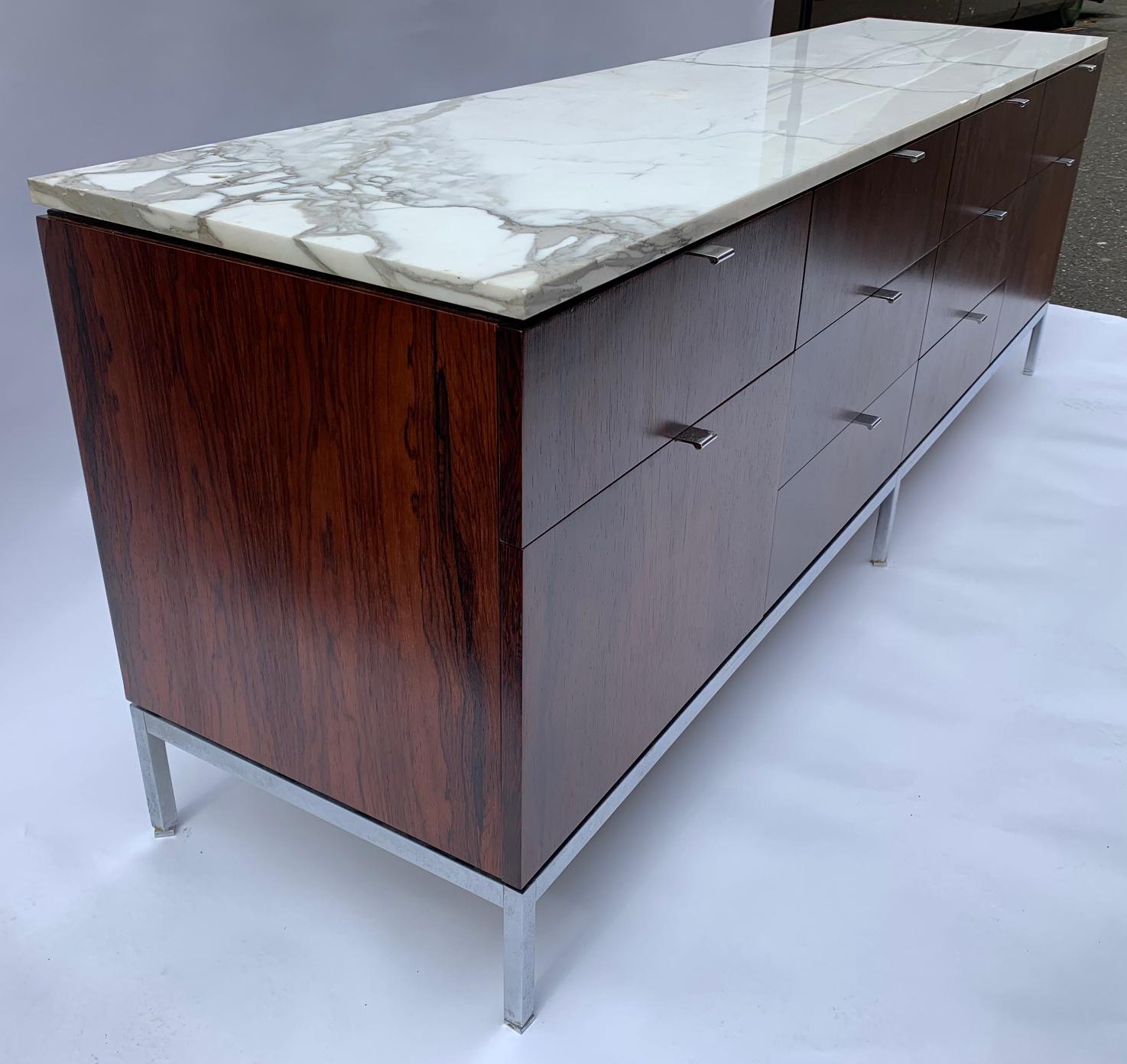 American Florence Knoll Rosewood 10 Drawer Cabinet or Credenza with Carrara Marble Top