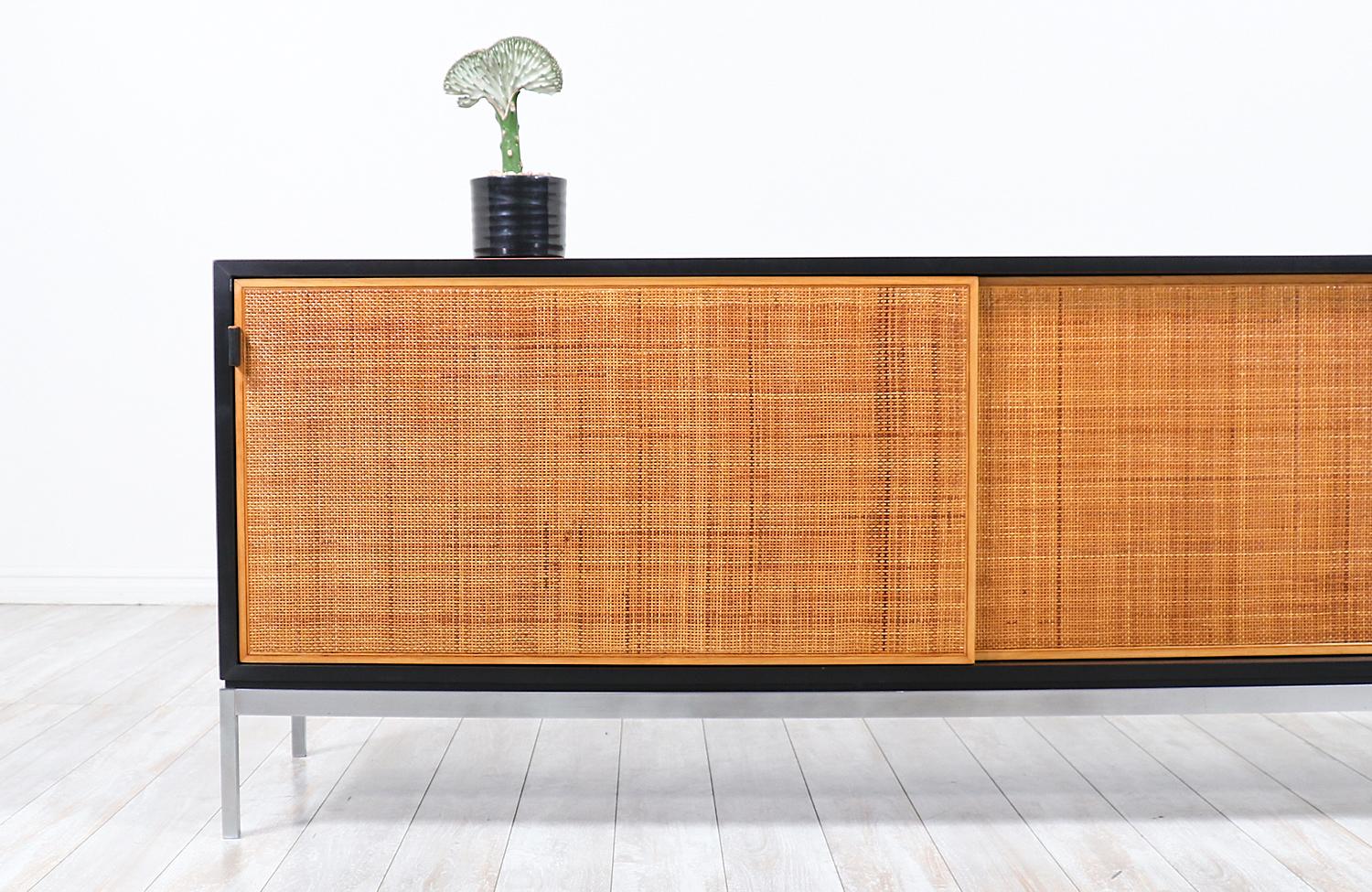 Florence Knoll Rosewood Credenza with Original Cane Doors and Leather Pulls 1