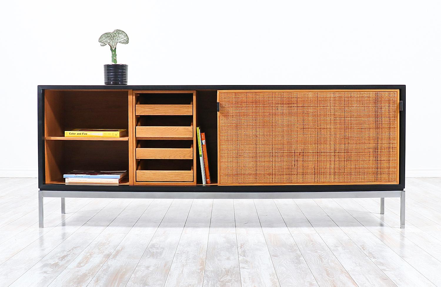 Mid-Century Modern Florence Knoll Rosewood Credenza with Original Cane Doors and Leather Pulls