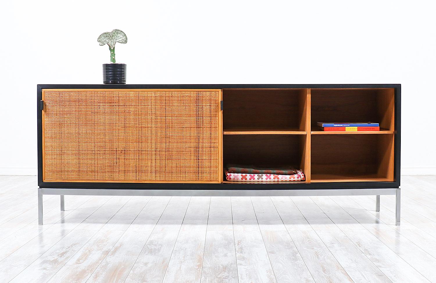 American Florence Knoll Rosewood Credenza with Original Cane Doors and Leather Pulls