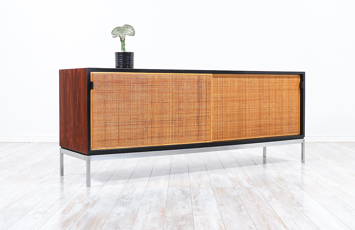 Florence Knoll Rosewood Credenza with Original Cane Doors and Leather Pulls In Excellent Condition In Los Angeles, CA