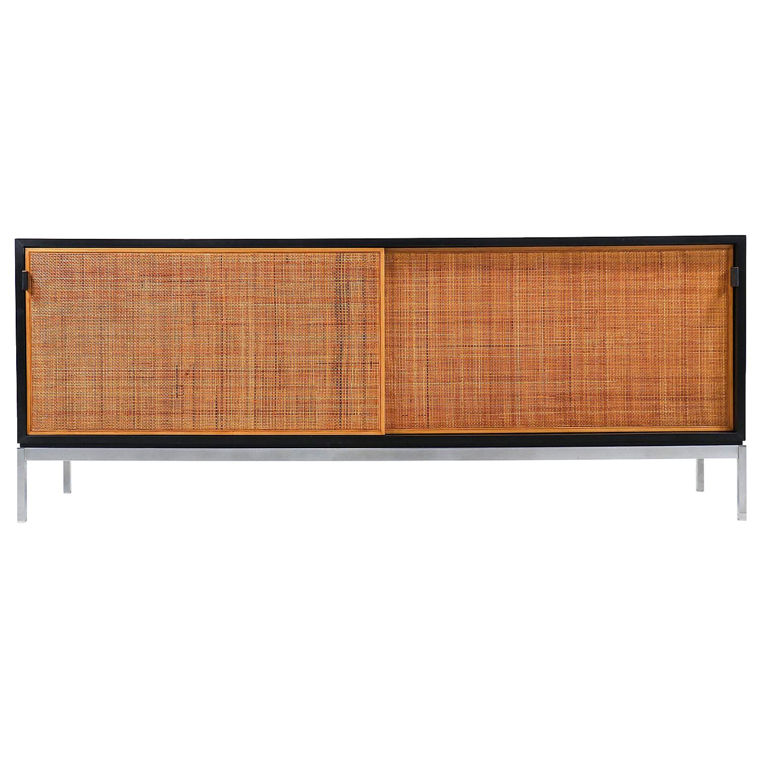 Florence Knoll Rosewood Credenza with Original Cane Doors and Leather Pulls