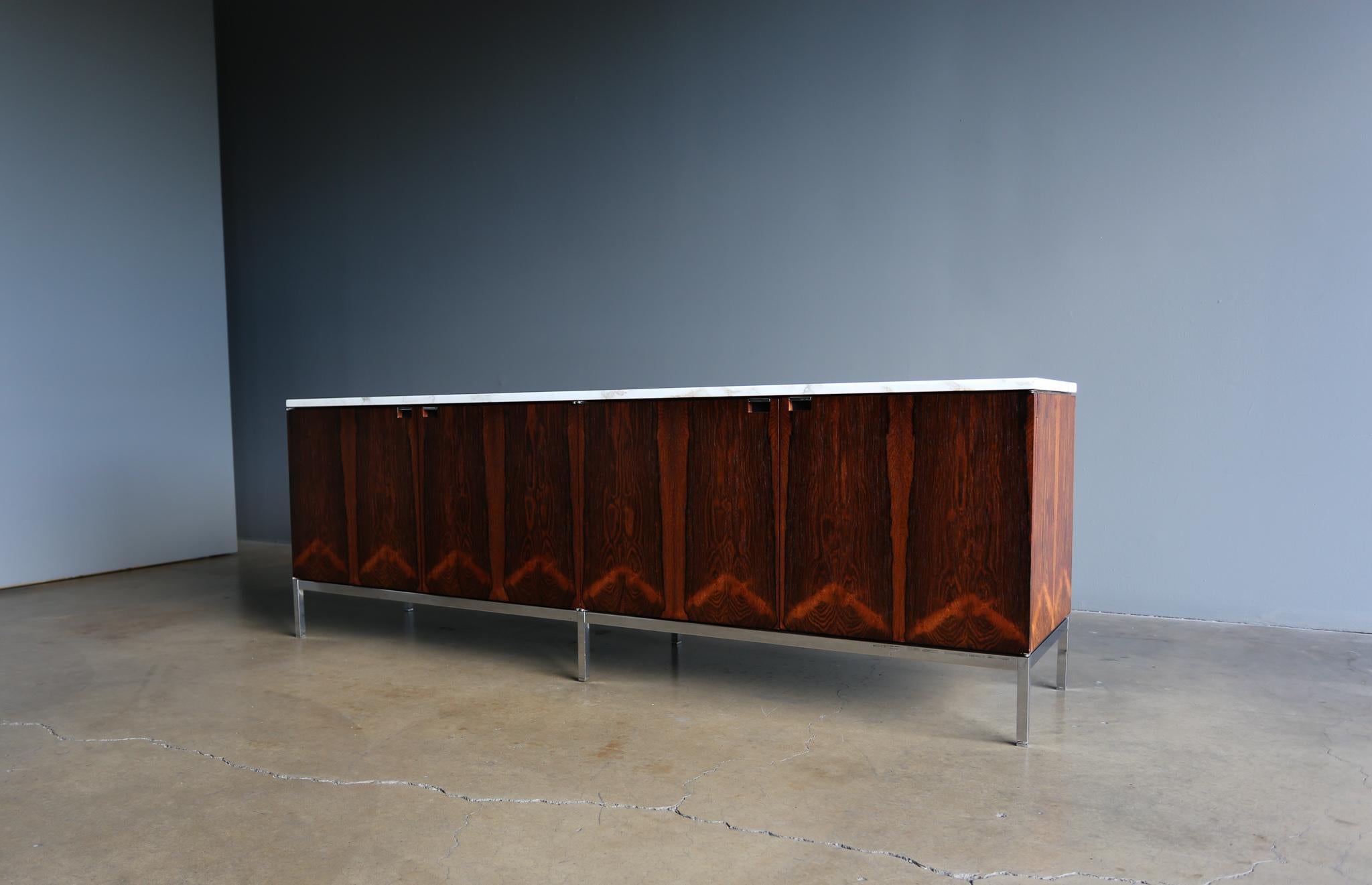 Florence Knoll Rosewood & Marble Credenza. Circa 1960. Highly figured rosewood grain.