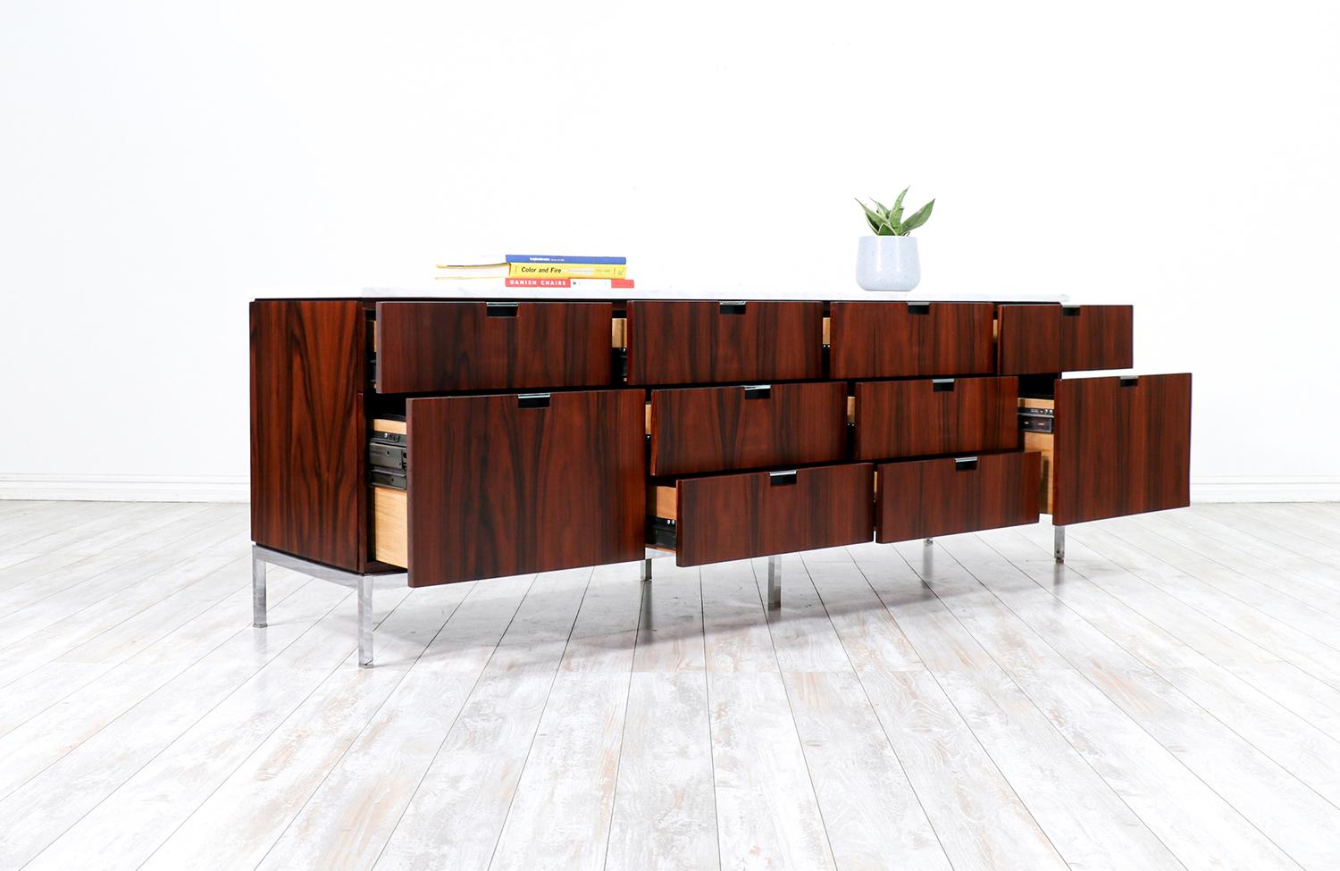 Mid-Century Modern Florence Knoll Rosewood & Steel Credenza with Carrara Marble Top