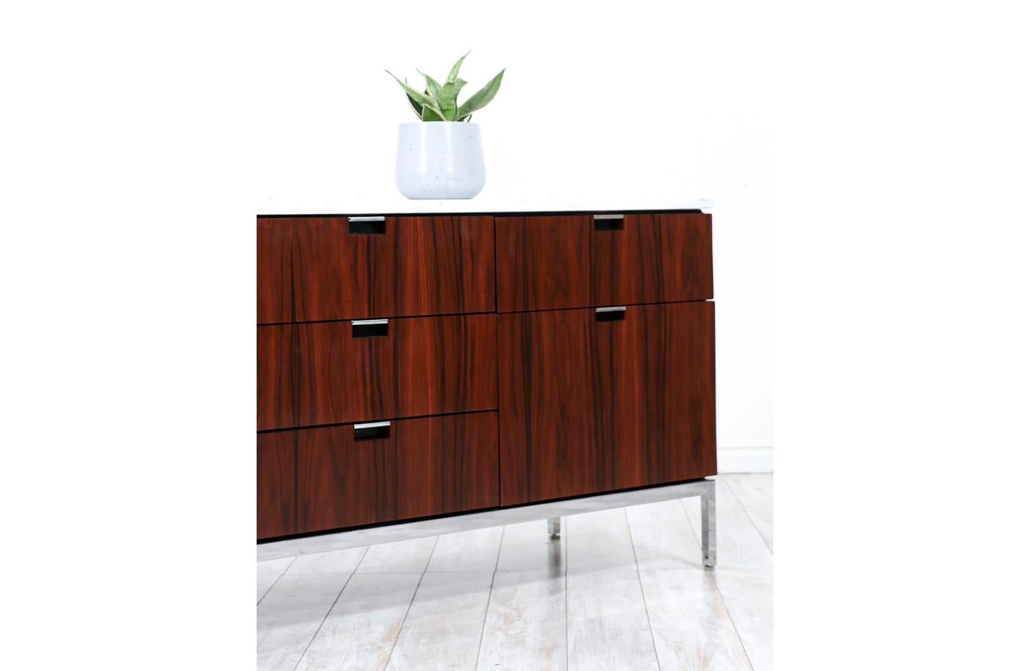 American Florence Knoll Rosewood & Steel Credenza with Carrara Marble Top