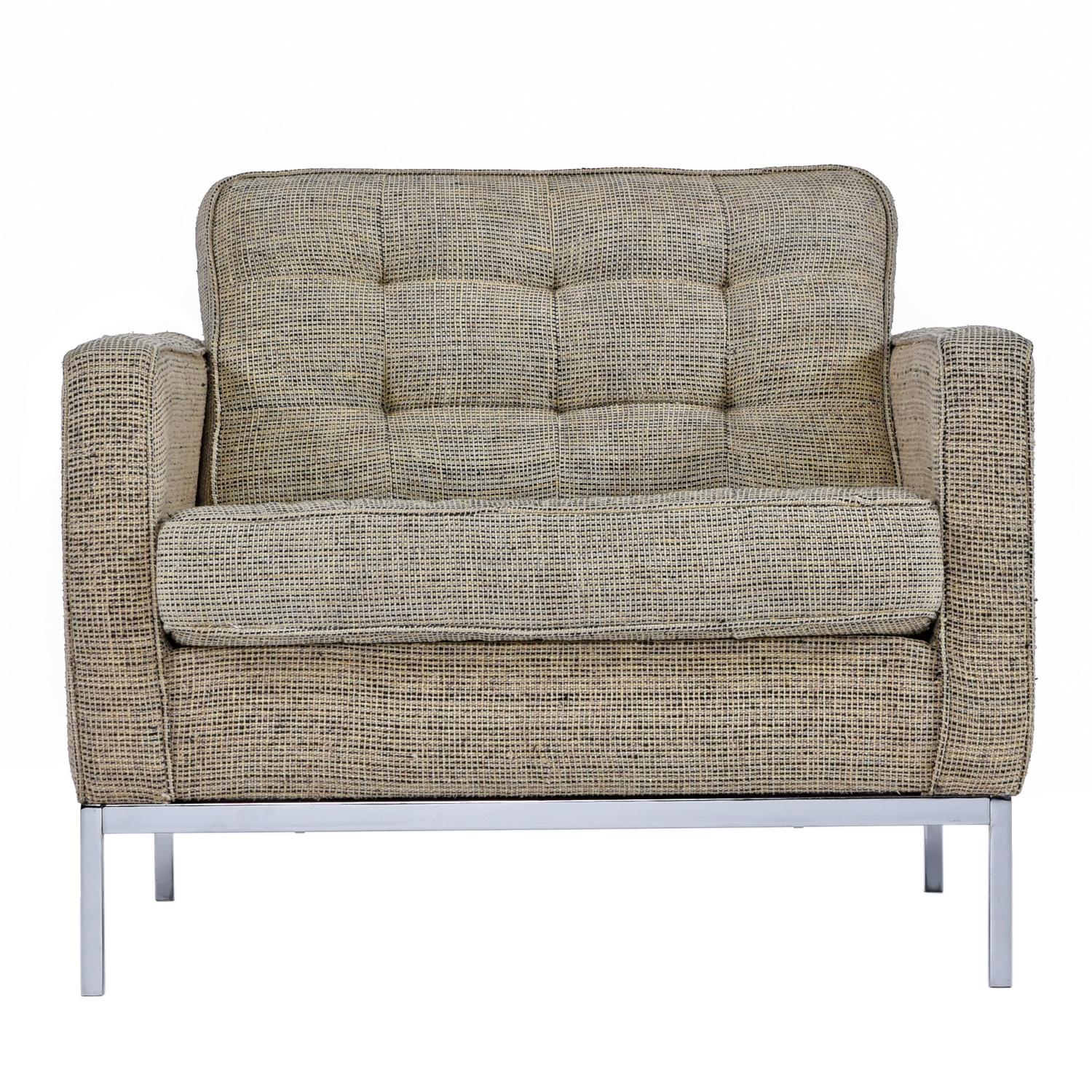 Mid-Century Modern Florence Knoll Sofa & Chair Set on Steel Bases in Heather Grey Tweed Fabric