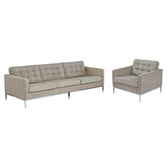 Florence Knoll Sofa- und Stuhlset auf Stahlsockeln aus grauem, erdgrauem Tweed-Stoff