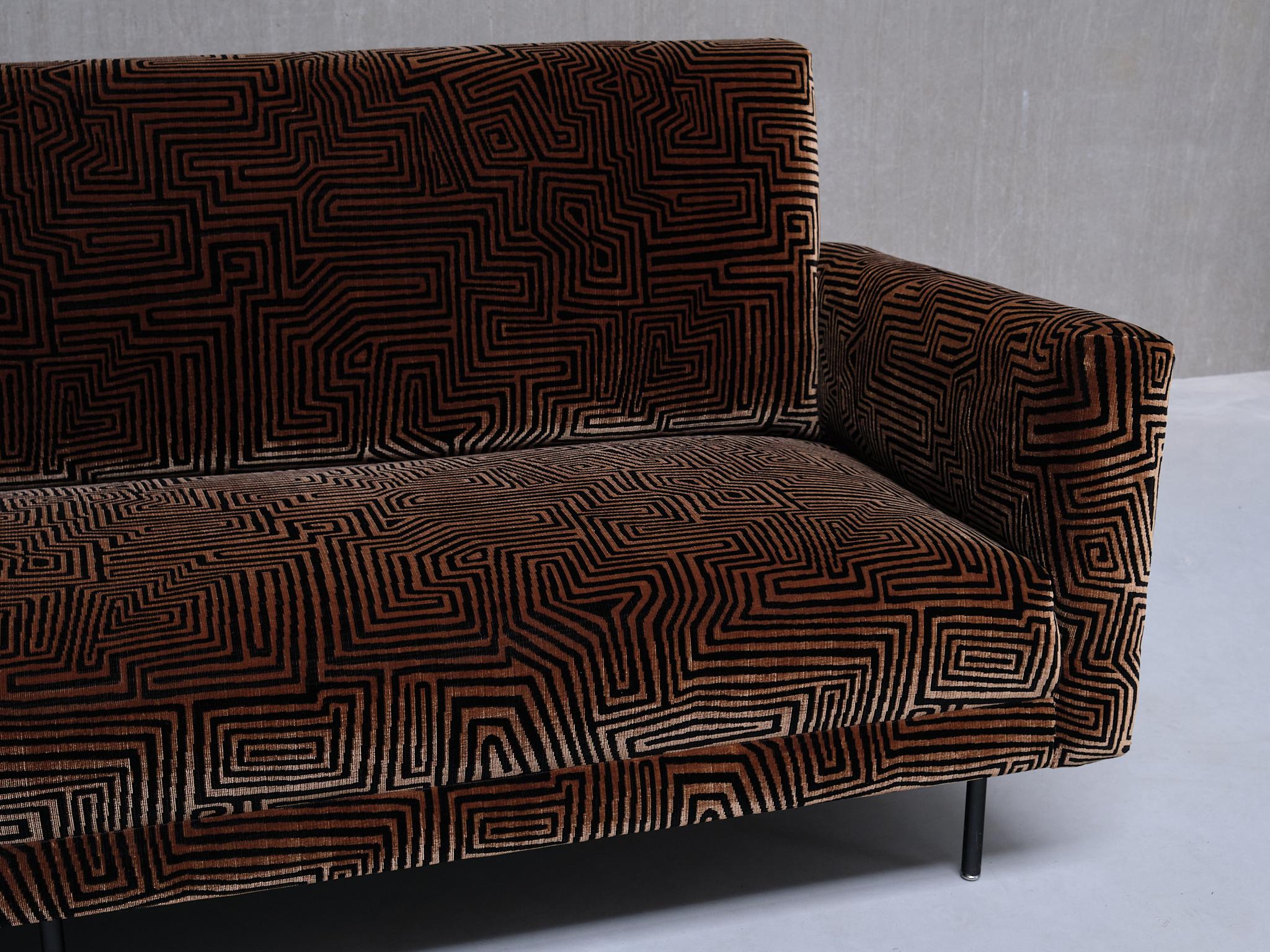 Belge Canapé Florence Knoll en velours Jacquard Dedar à motifs, De Coene, Belgique, années 1950 en vente