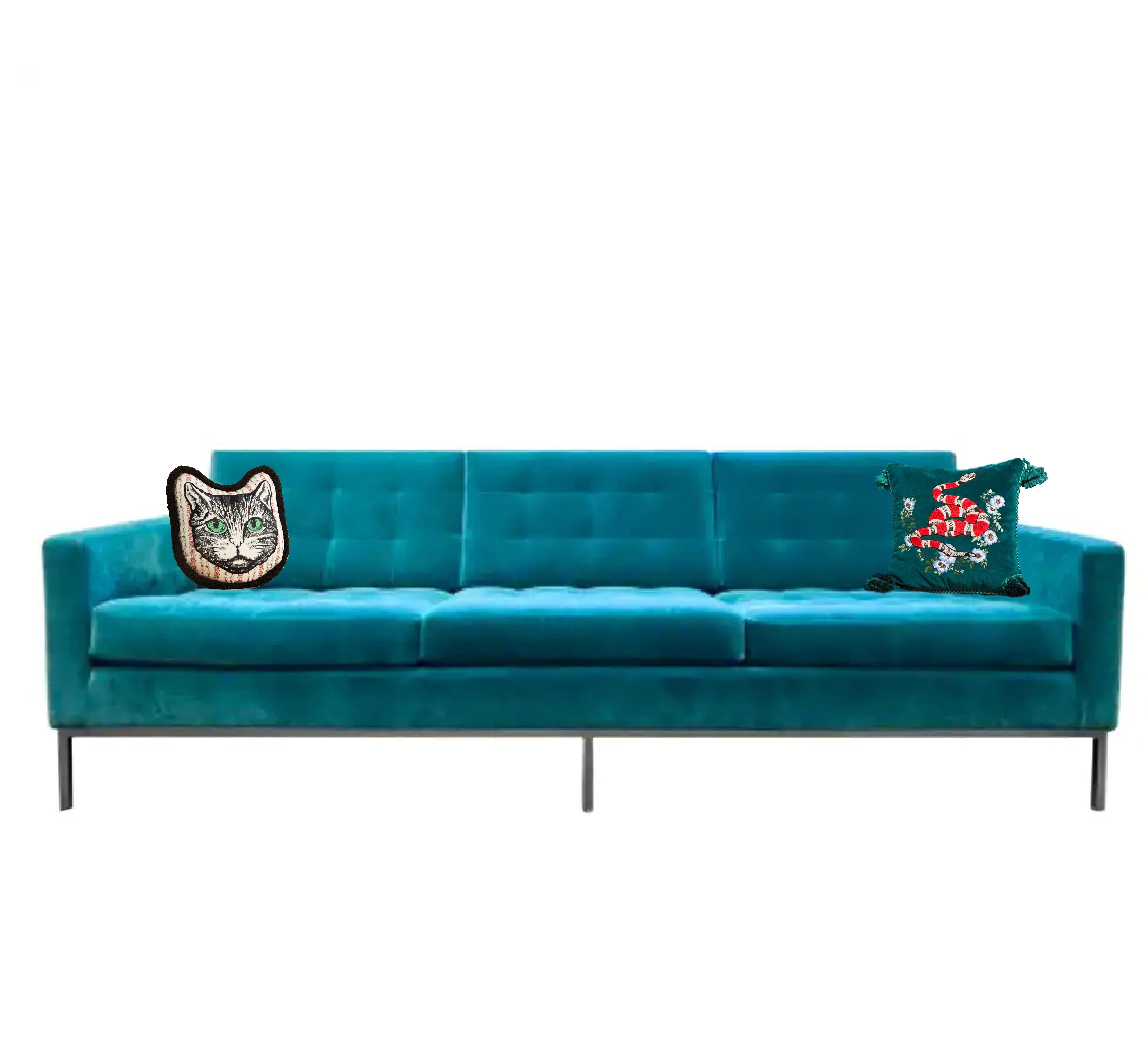 Florence Knoll sofa, teal blue green velvet, Knoll International, New York, designed in 1954. Timeless Mid-Century Modern design, effortlessly neat and minimal while maintaining affable warmth and comfort. Substantial steel frame and hand-tufted