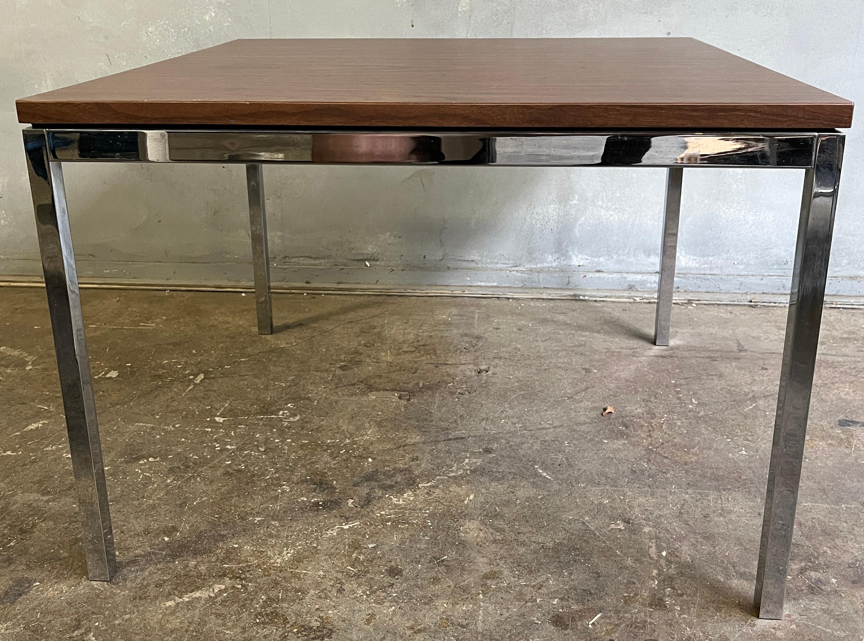 American Florence Knoll Solid Chromed Steel Tables with Floating Walnut Laminate Tops For Sale