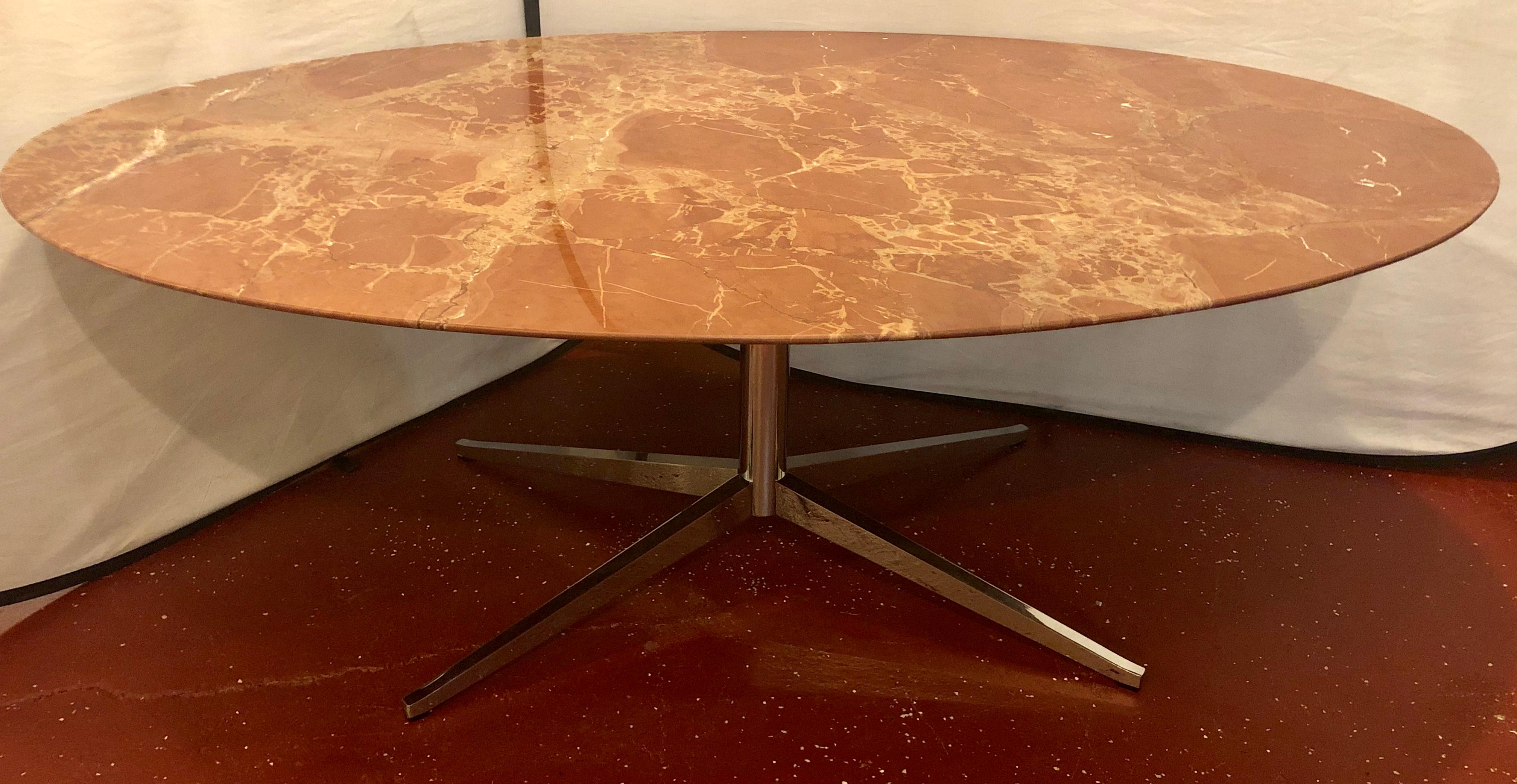 Florence Knoll Dining Table / Conference Table Chrome Quad Based Marble Top. A Florence Knoll Studio chrome quad based marble top dining, center or conference table having a lovey rouge marble top. Bearing a bank of the southwest national