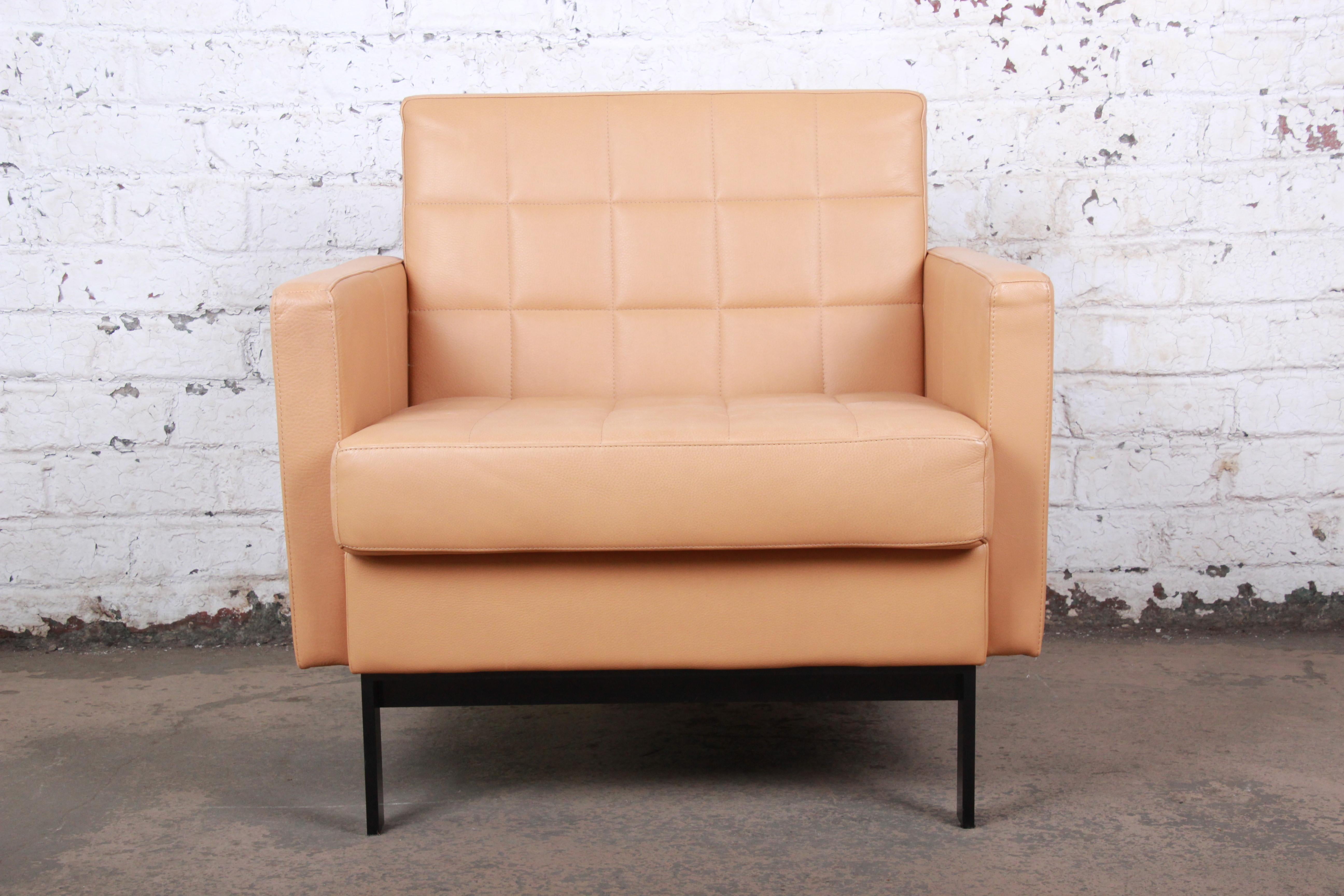 Metal Florence Knoll Style Brown Leather Club Chairs by Coalesse, Pair