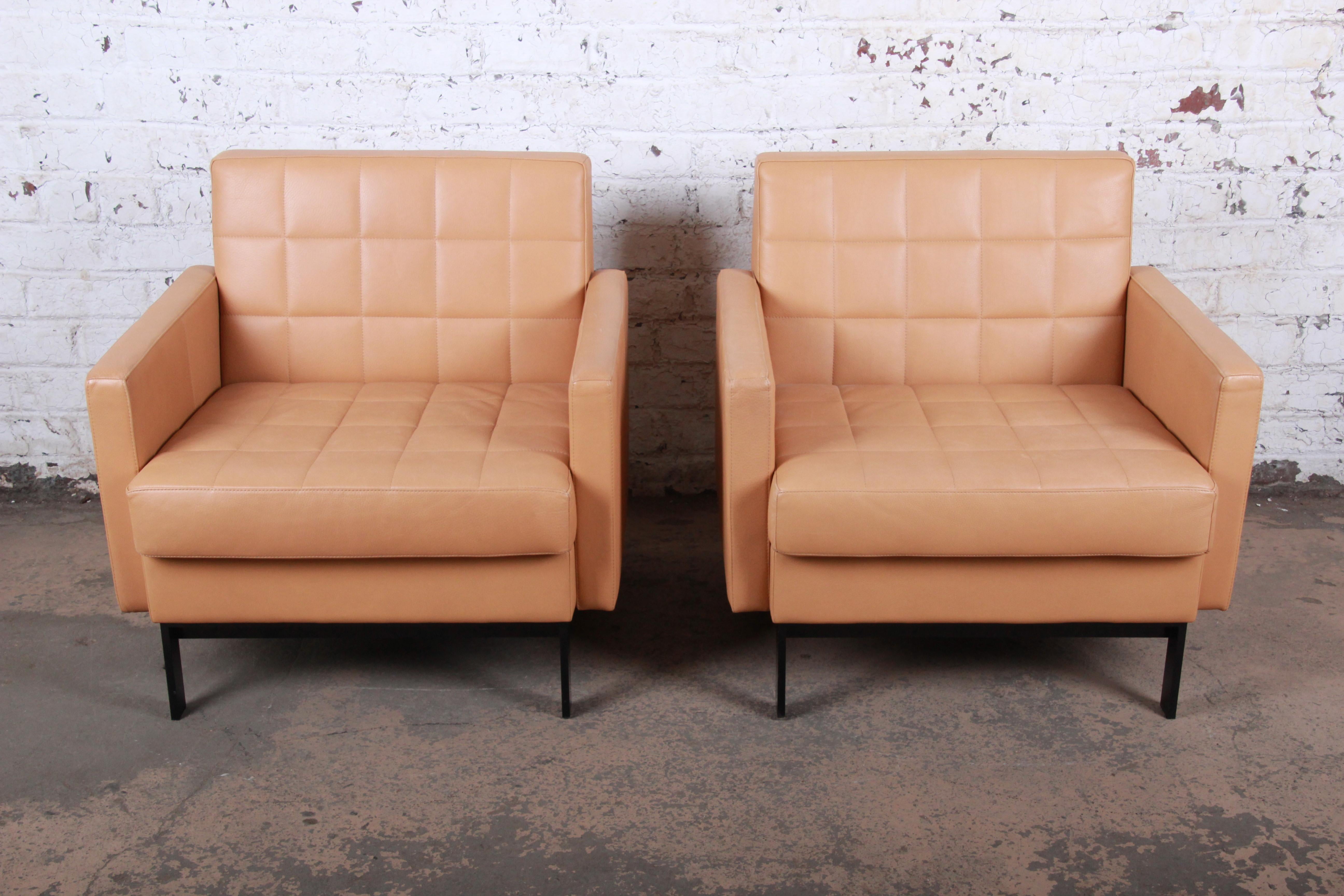Modern Florence Knoll Style Brown Leather Club Chairs by Coalesse, Pair