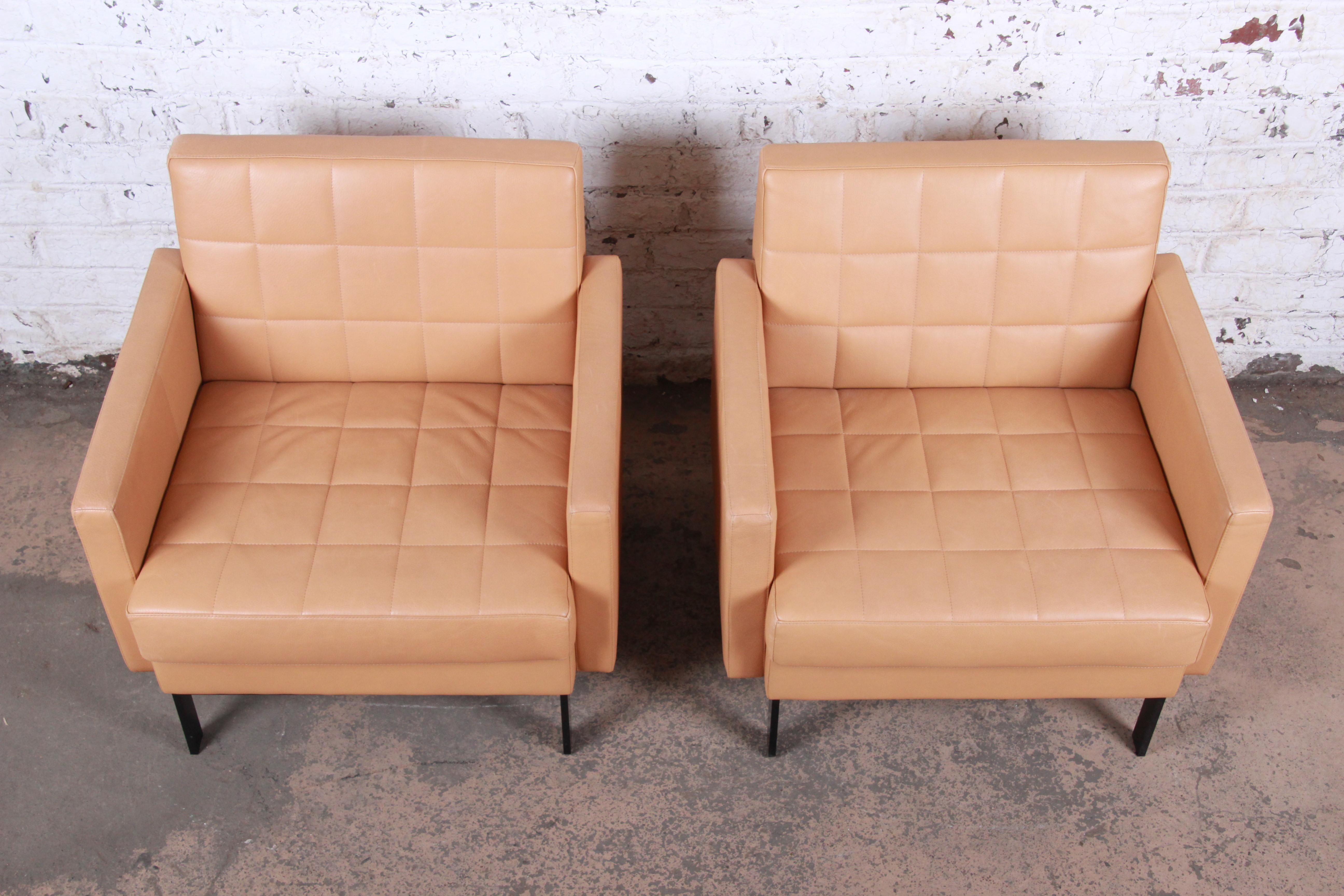 American Florence Knoll Style Brown Leather Club Chairs by Coalesse, Pair