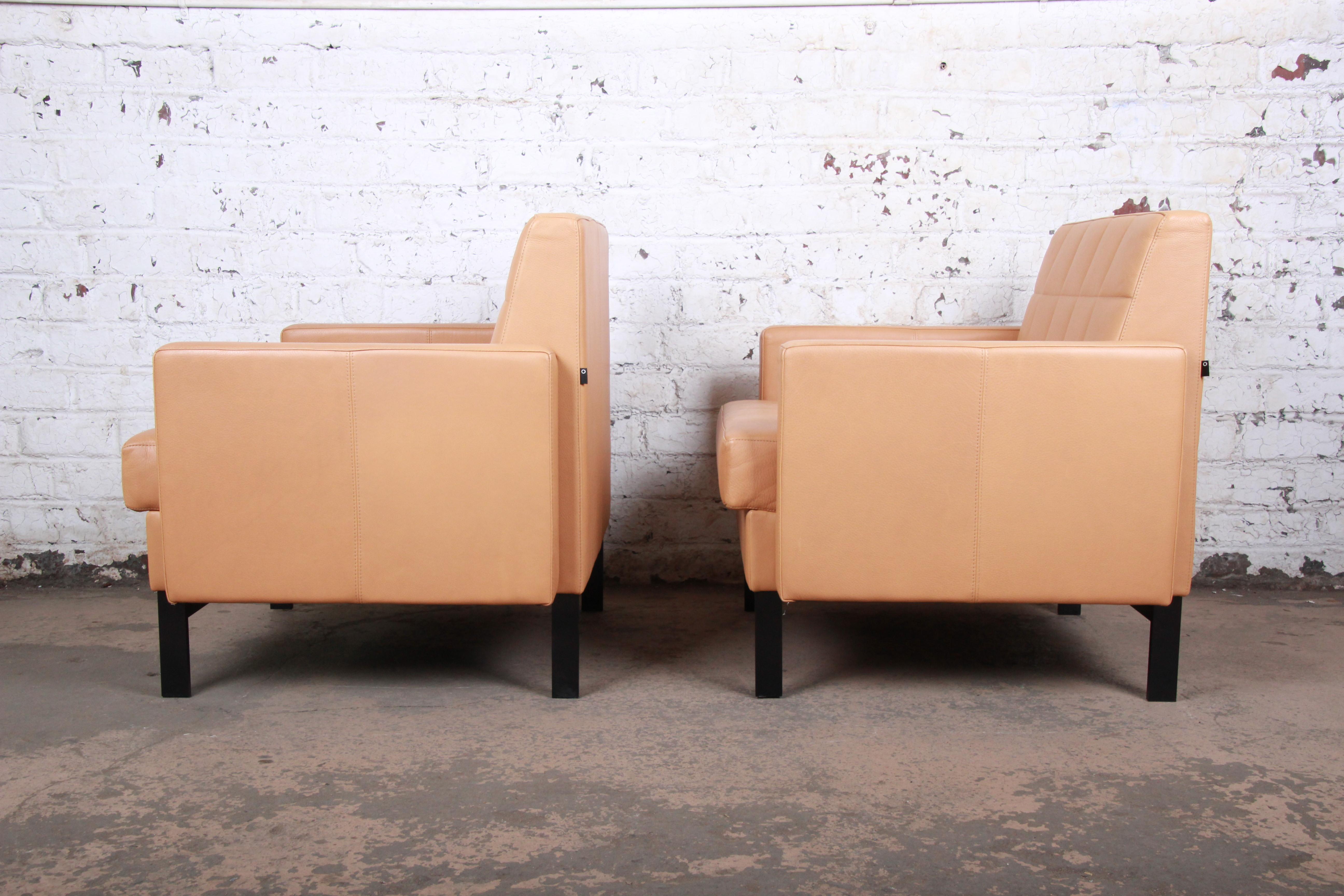 Florence Knoll Style Brown Leather Club Chairs by Coalesse, Pair In Good Condition In South Bend, IN