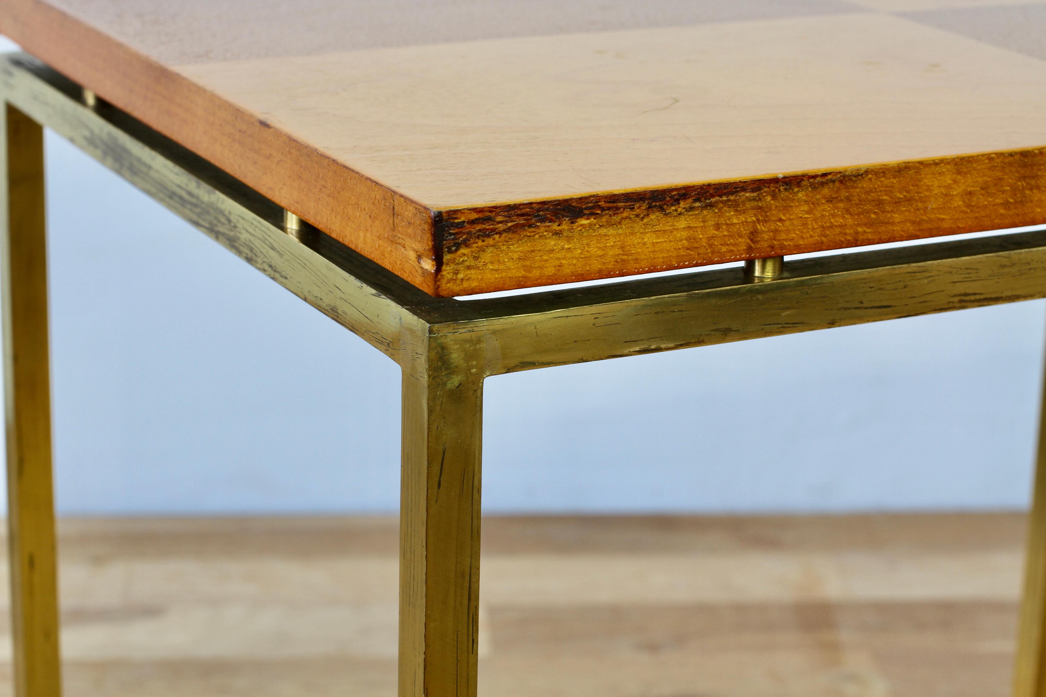 Florence Knoll Style Mid-Century Checked Wood Veneer & Brass Side or End Table For Sale 11