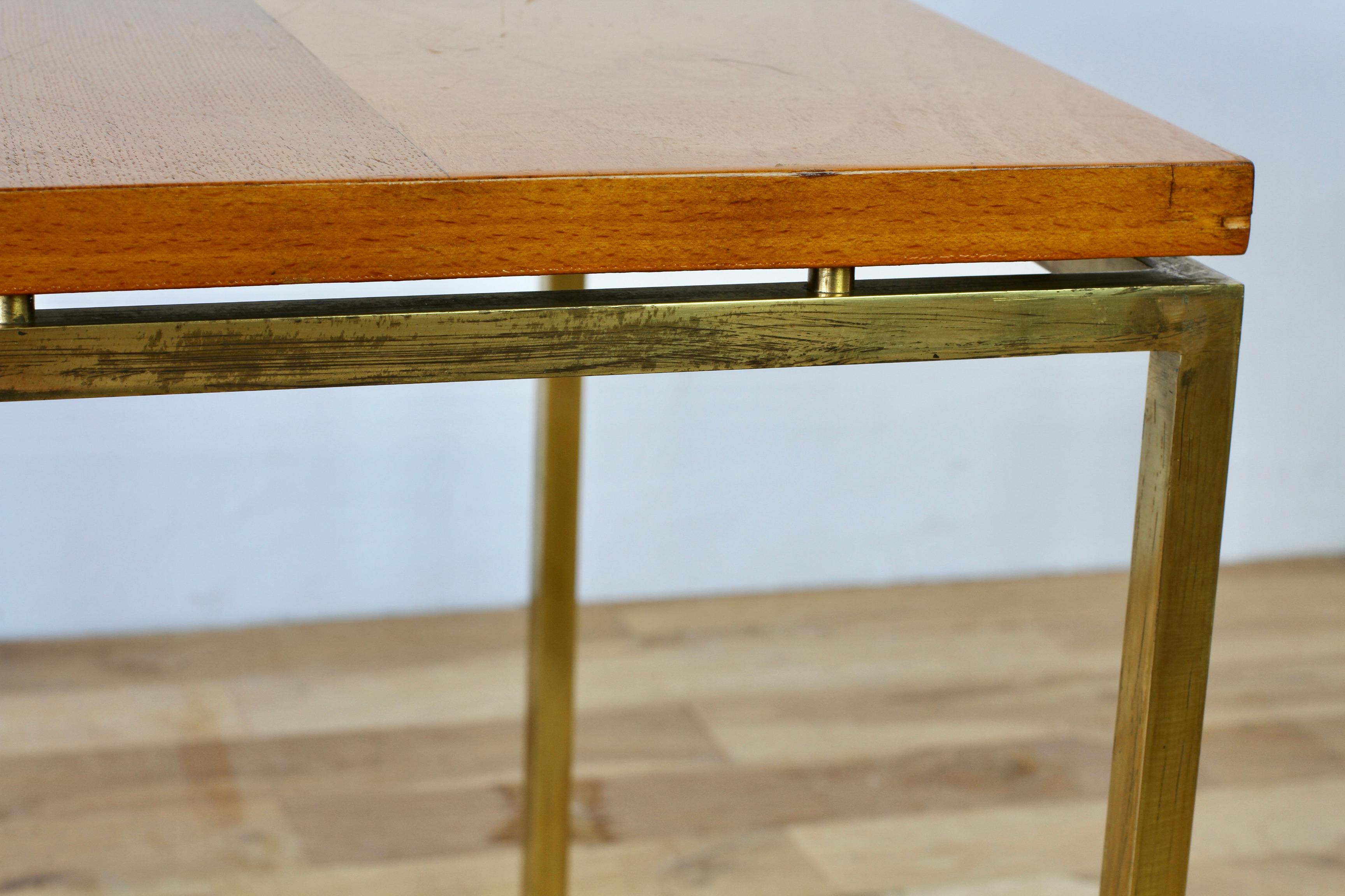Florence Knoll Style Mid-Century Checked Wood Veneer & Brass Side or End Table For Sale 13