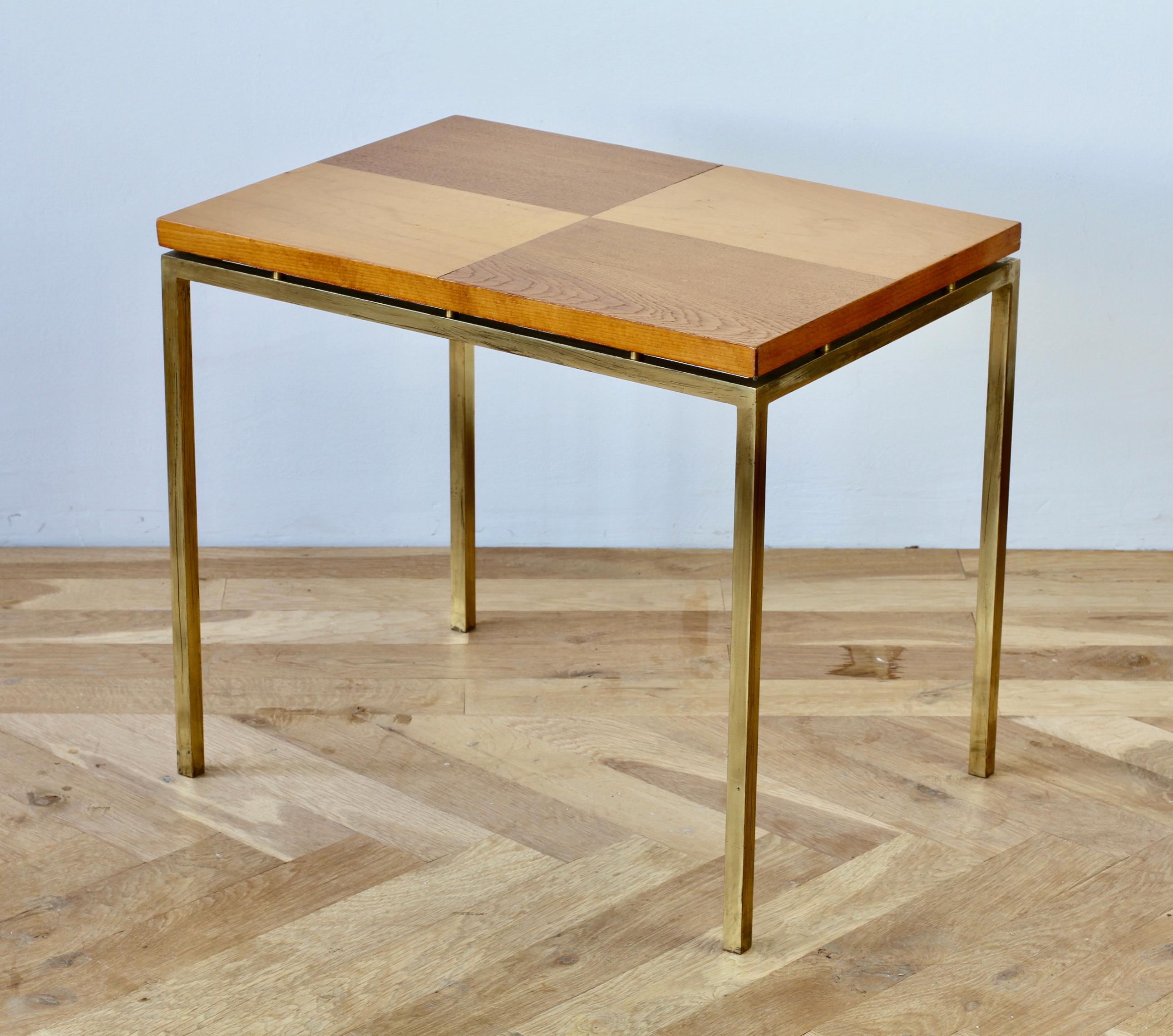 German Florence Knoll Style Mid-Century Checked Wood Veneer & Brass Side or End Table For Sale