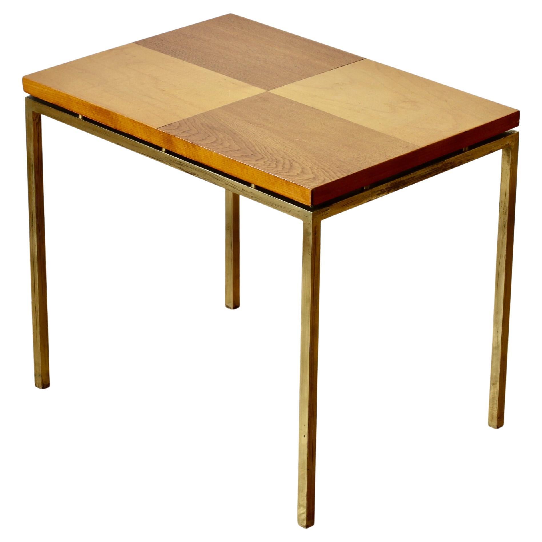 Florence Knoll Style Mid-Century Checked Wood Veneer & Brass Side or End Table