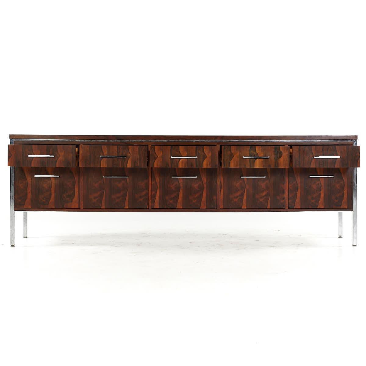 Florence Knoll Style Mid Century Rosewood and Chrome File Credenza For Sale 2