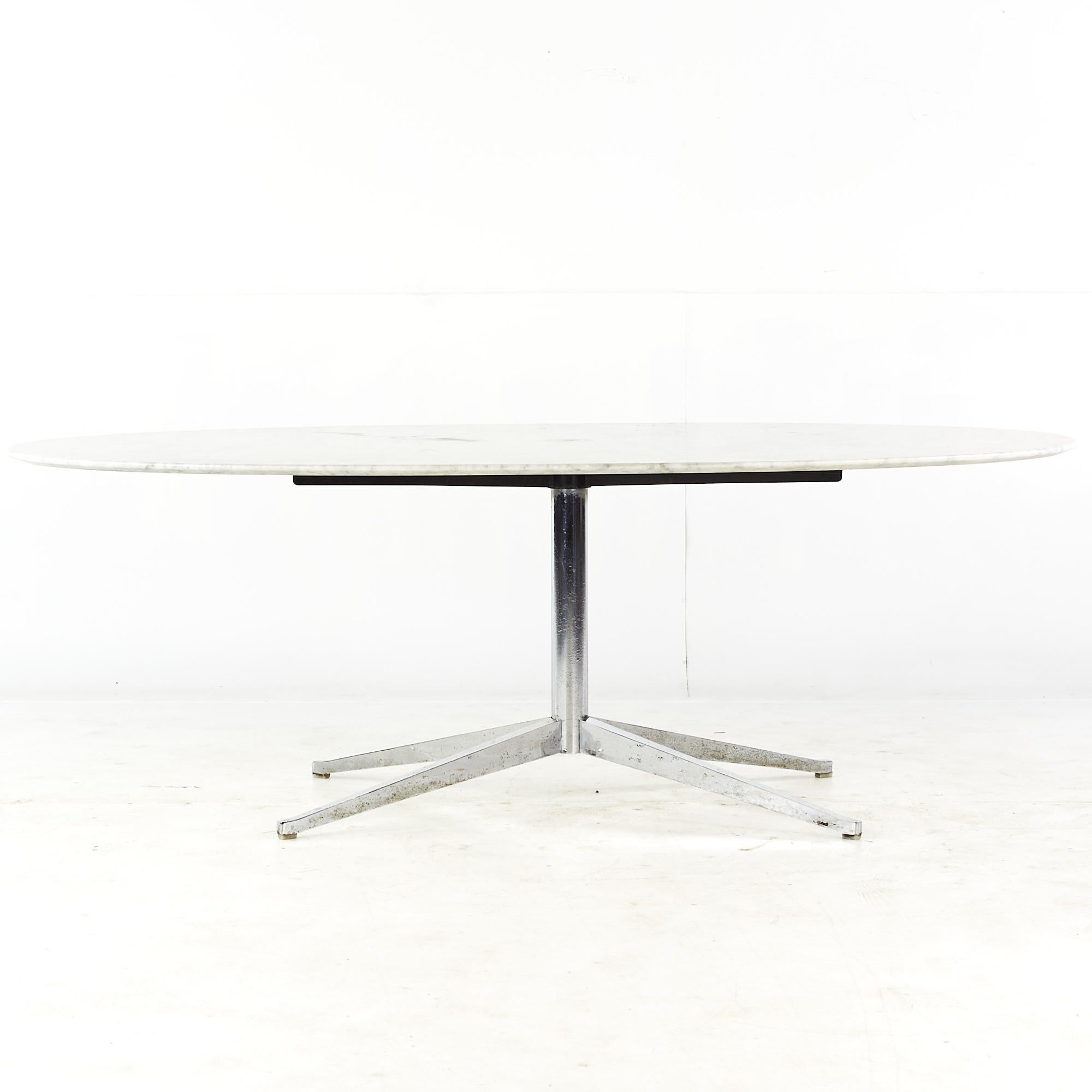 Florence Knoll Style Mid Century White marble and chrome dining table

This table measures: 78.5 wide x 48 deep x 27.5 inches high, with a chair clearance of 26.75 inches

All pieces of furniture can be had in what we call restored vintage