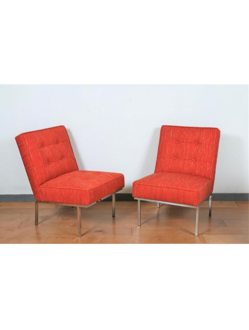 Great set of 4 Florence Knoll Style slipper chairs, can also be used as a sofa. All chairs are sturdy and strong. The steel bases are well kept. New fabric with new upholstery. They are all comfortable.