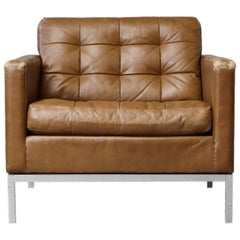 Vintage Florence Knoll Tan Leather Button Tufted Lounge Chair, 1970s