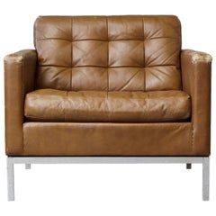 Florence Knoll - Sedia da salotto con bottoni in pelle Tan Tufted, anni '70