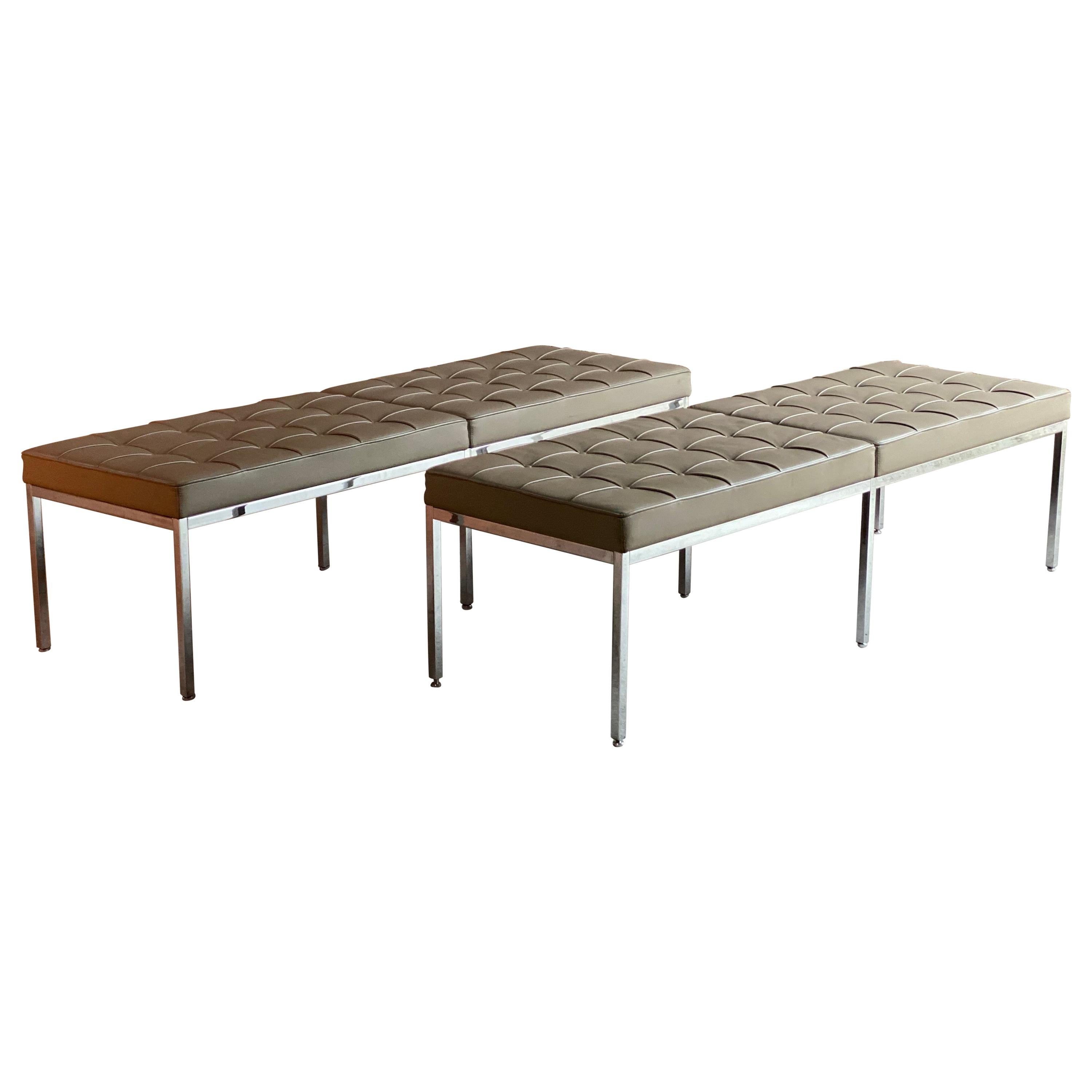 Florence Knoll three-seat leather benches by Knoll Studio, stamped & signed

Fabulous pair of Florence Knoll three-seat benches by Knoll studio finished in color parchment in Volo leather on a chrome base, stamped Florence Knoll, Knoll Studio,