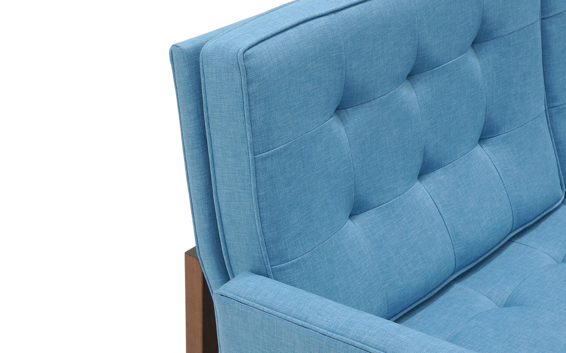 Florence Knoll Three-Seat Sofa Walnut Frame Restored, New Blue Upholstery 4