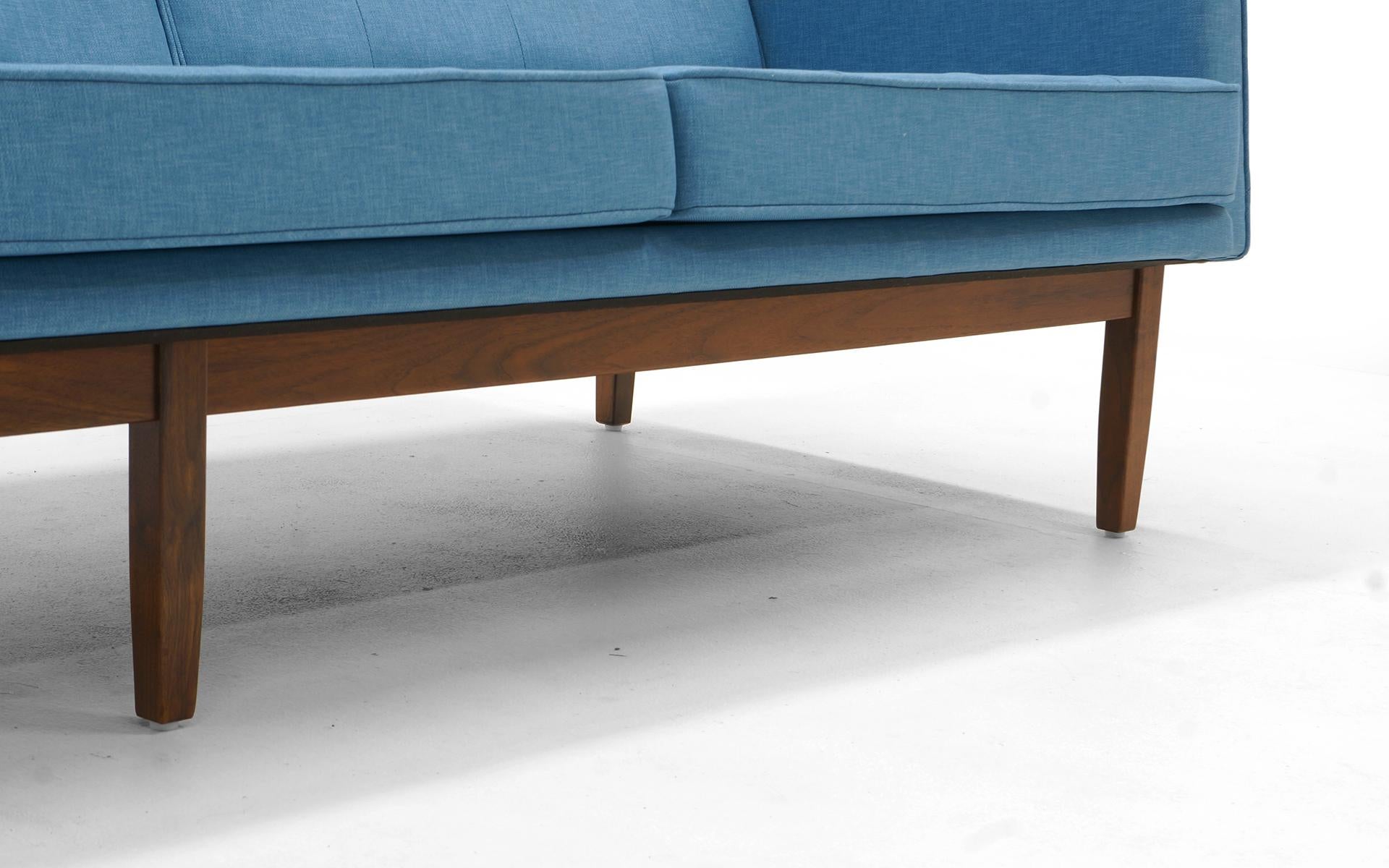 Florence Knoll Three-Seat Sofa Walnut Frame Restored, New Blue Upholstery 5