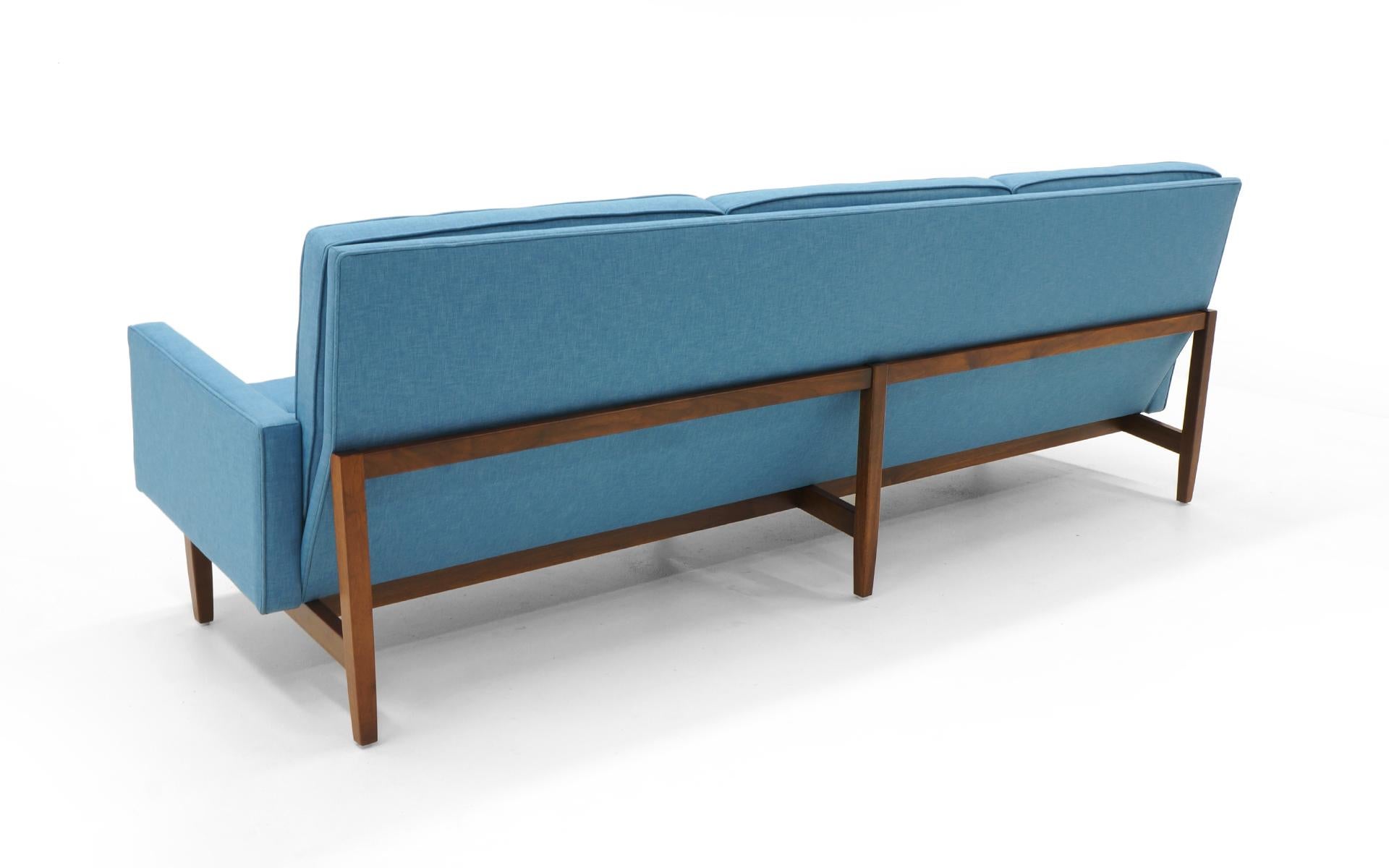Mid-Century Modern Florence Knoll Three-Seat Sofa Walnut Frame Restored, New Blue Upholstery