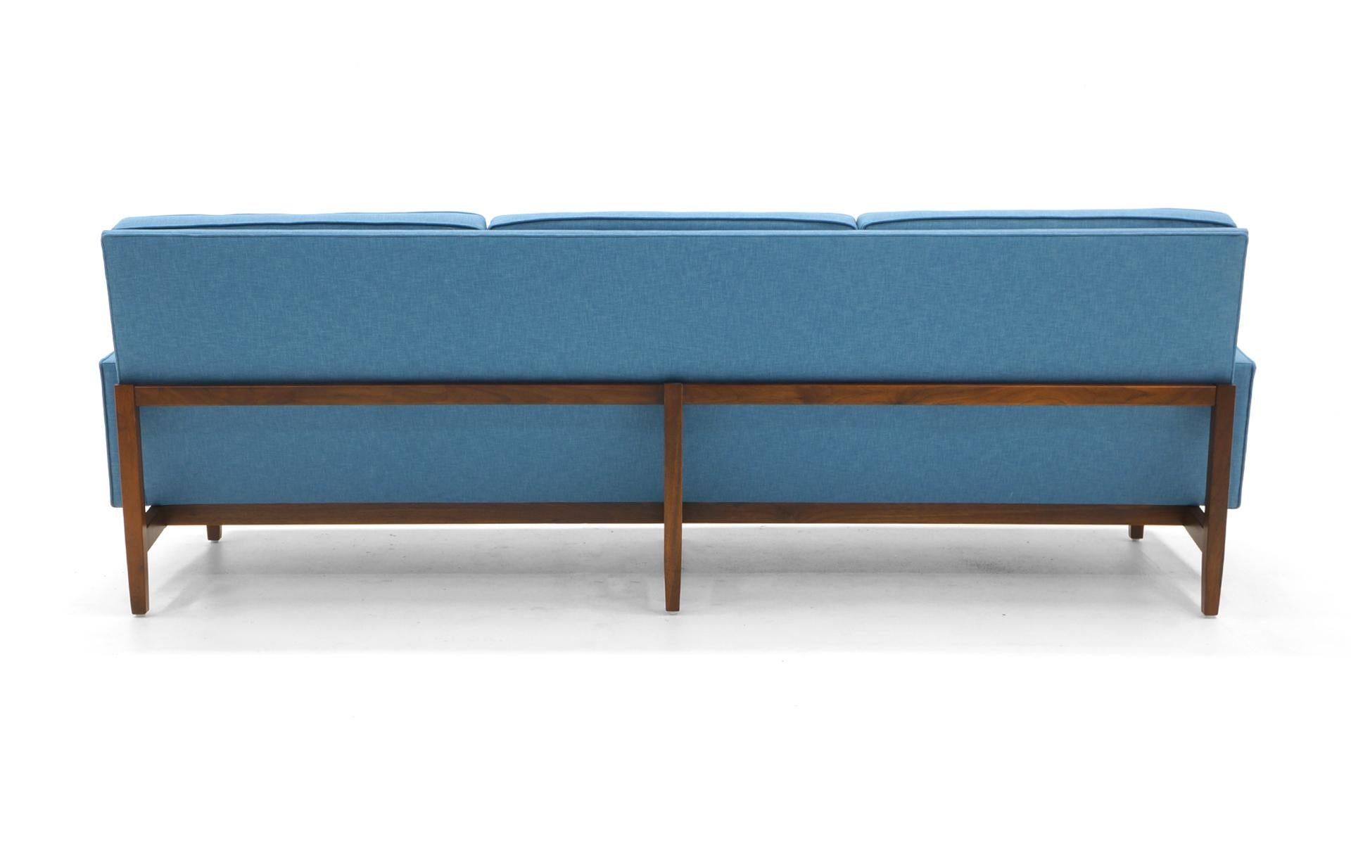 American Florence Knoll Three-Seat Sofa Walnut Frame Restored, New Blue Upholstery
