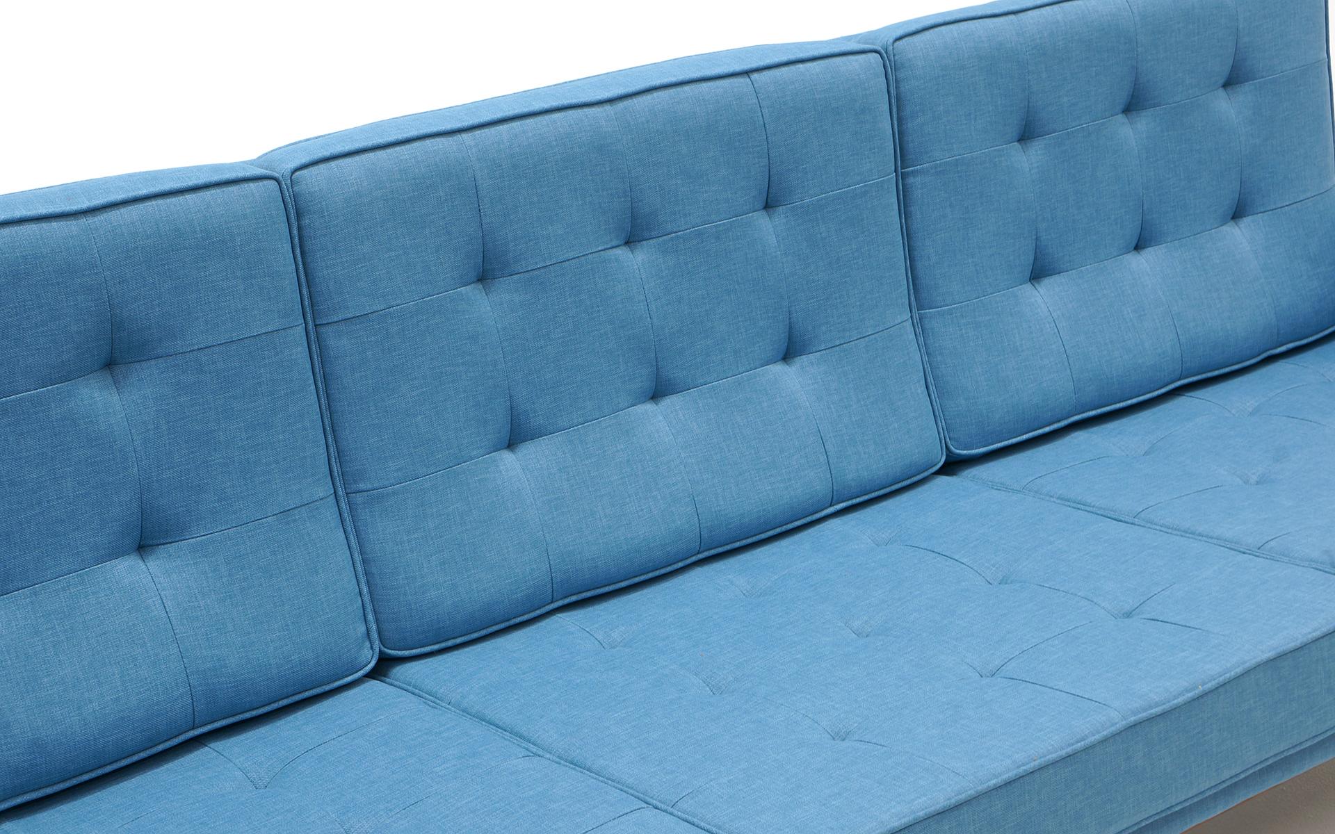 Florence Knoll Three-Seat Sofa Walnut Frame Restored, New Blue Upholstery 2
