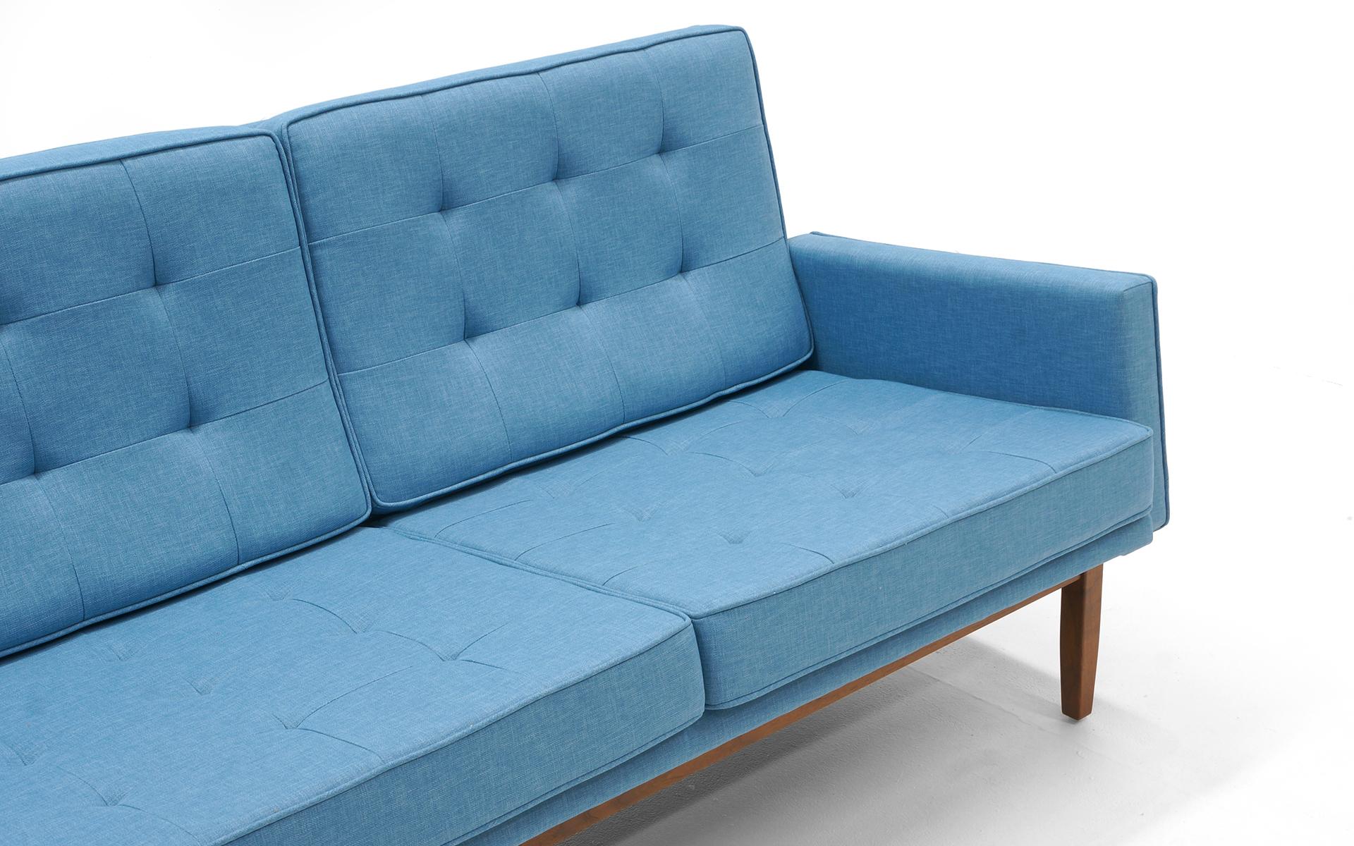 Florence Knoll Three-Seat Sofa Walnut Frame Restored, New Blue Upholstery 3